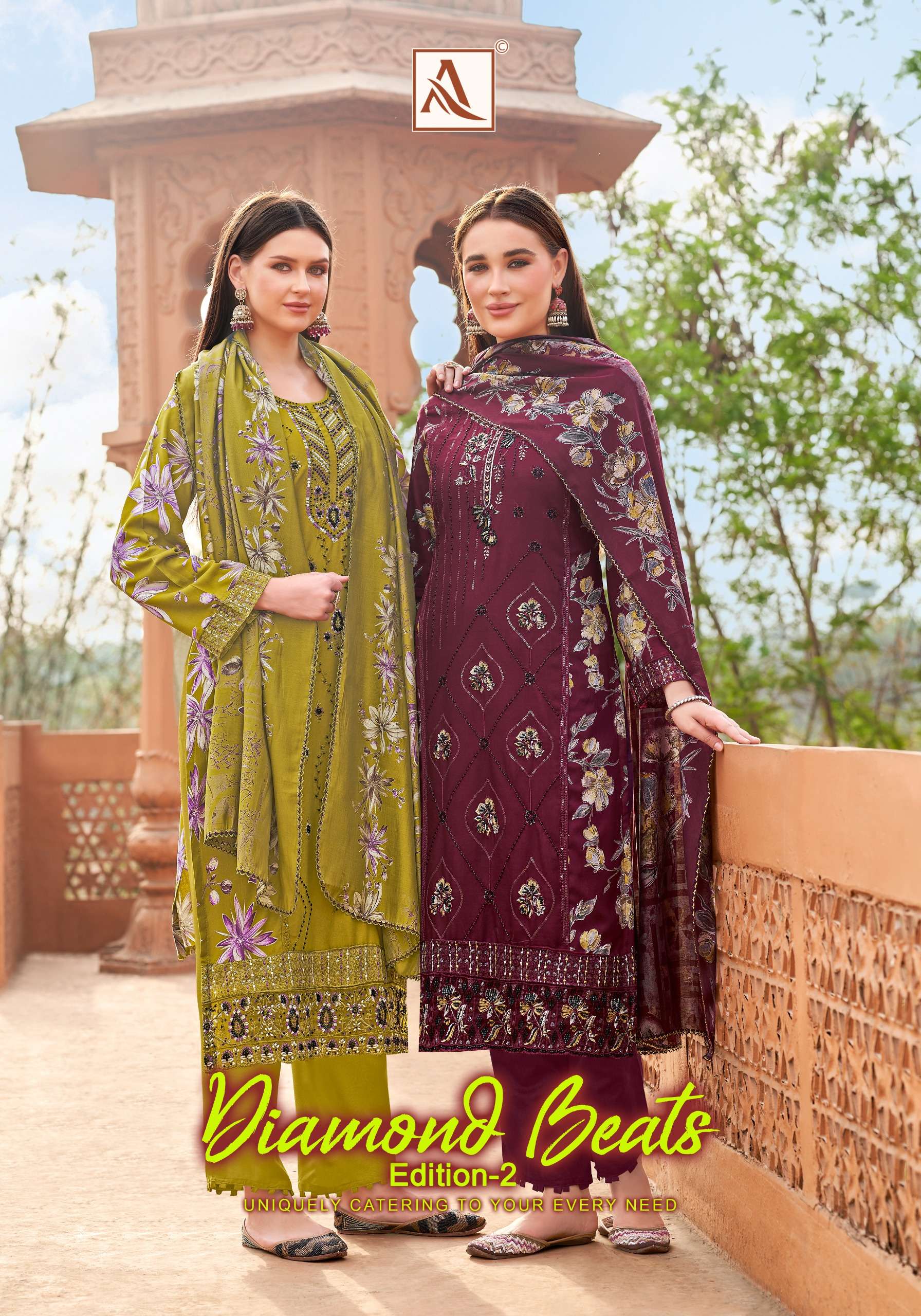 ALOK SUIT DIAMOND BEATS VOL 2 RAYON PRINT KHATLI WORK MATERIAL DRESS FEMALE EXPORT