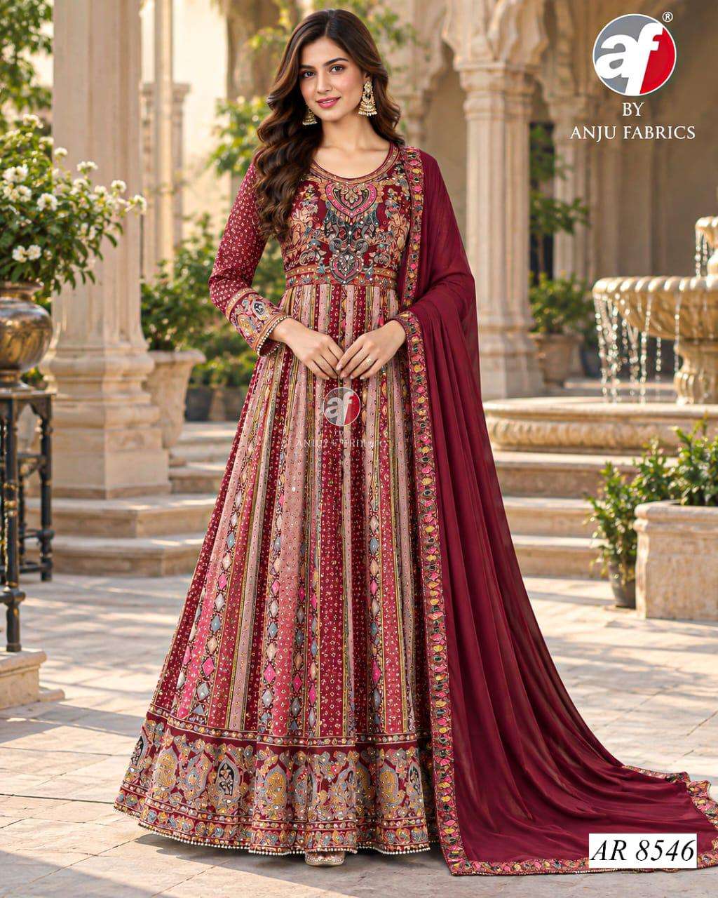 ANJU FABRIC AR 8554 CHINNON CHIFFON DESIGNER ANARKALI GOWN WITH DUPATTA RESELLER SHOP