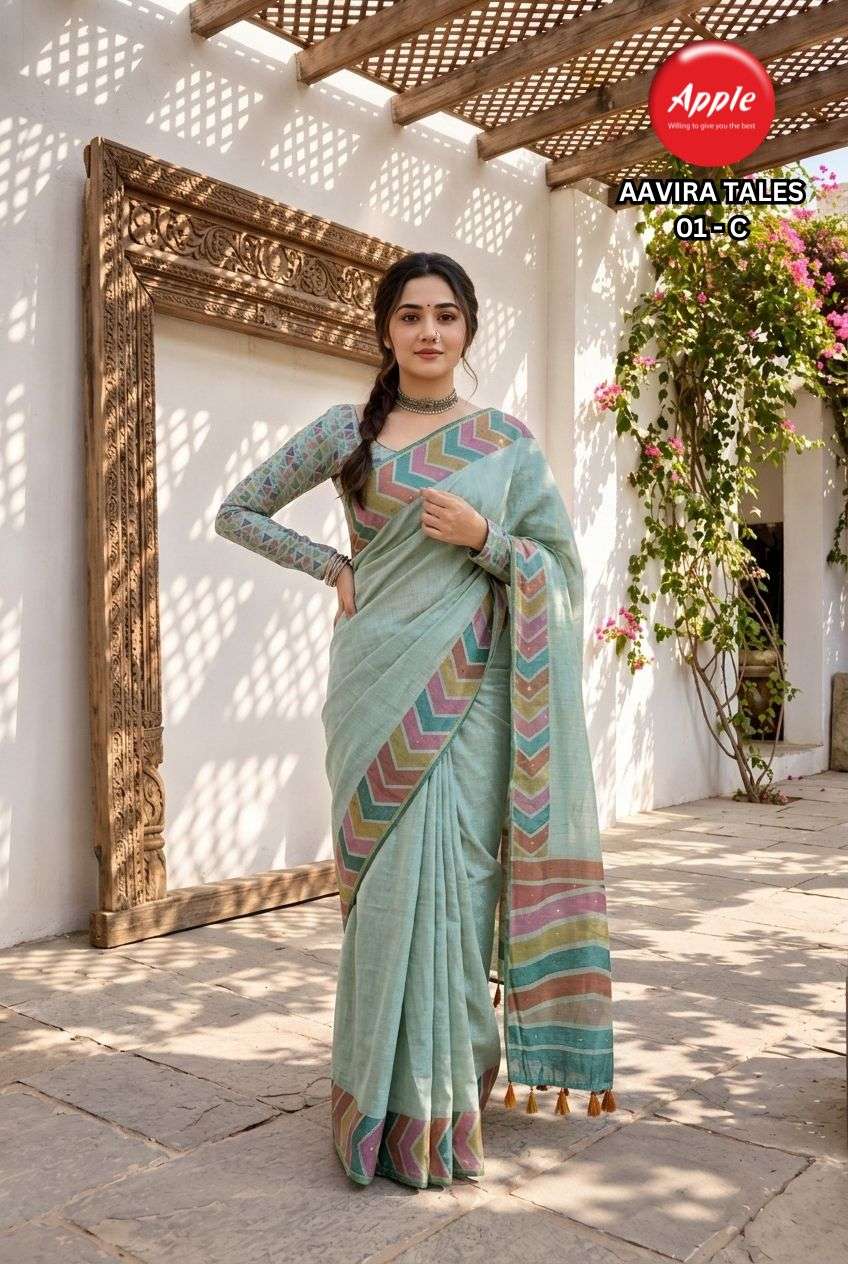 APPLE AAVIRA TALES VOL 1 CHANDERI LINEN SOFT FABRIC SAREE RE...