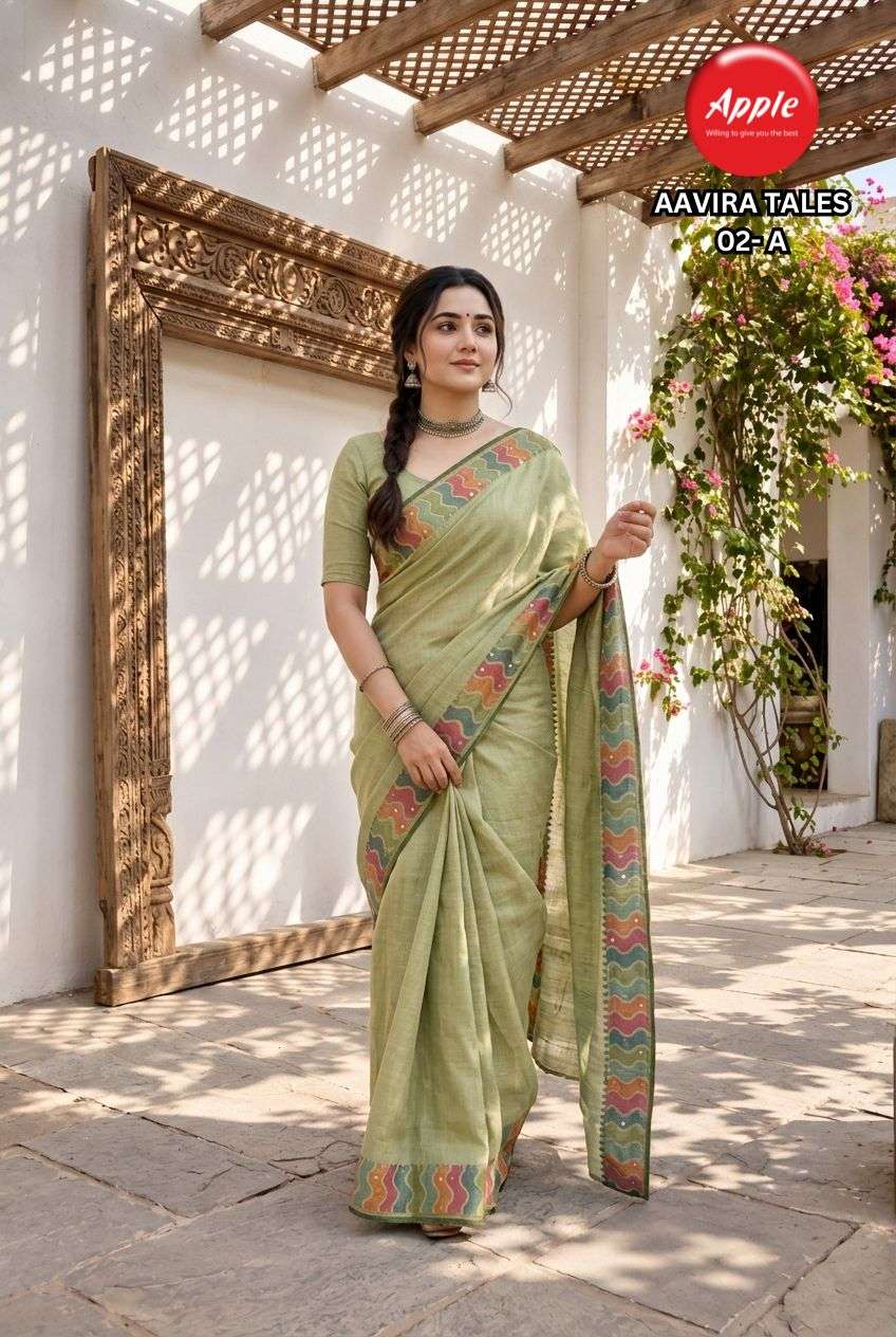 APPLE AAVIRA TALES VOL 2 CHANDERI LINEN SOFT FABRIC SAREE RE...