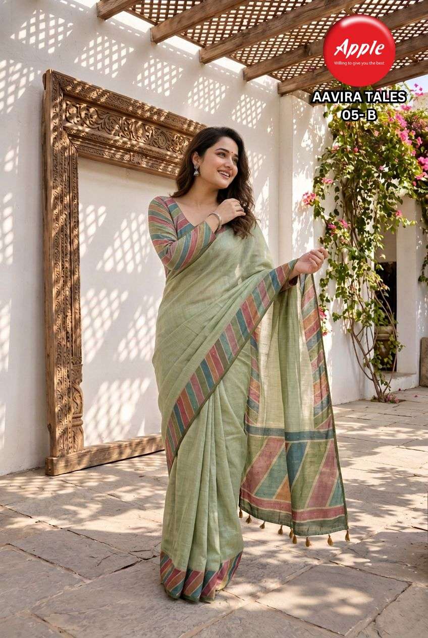APPLE AAVIRA TALES VOL 5  CHANDERI LINEN SOFT FABRIC SAREE RESELLER IN SURAT