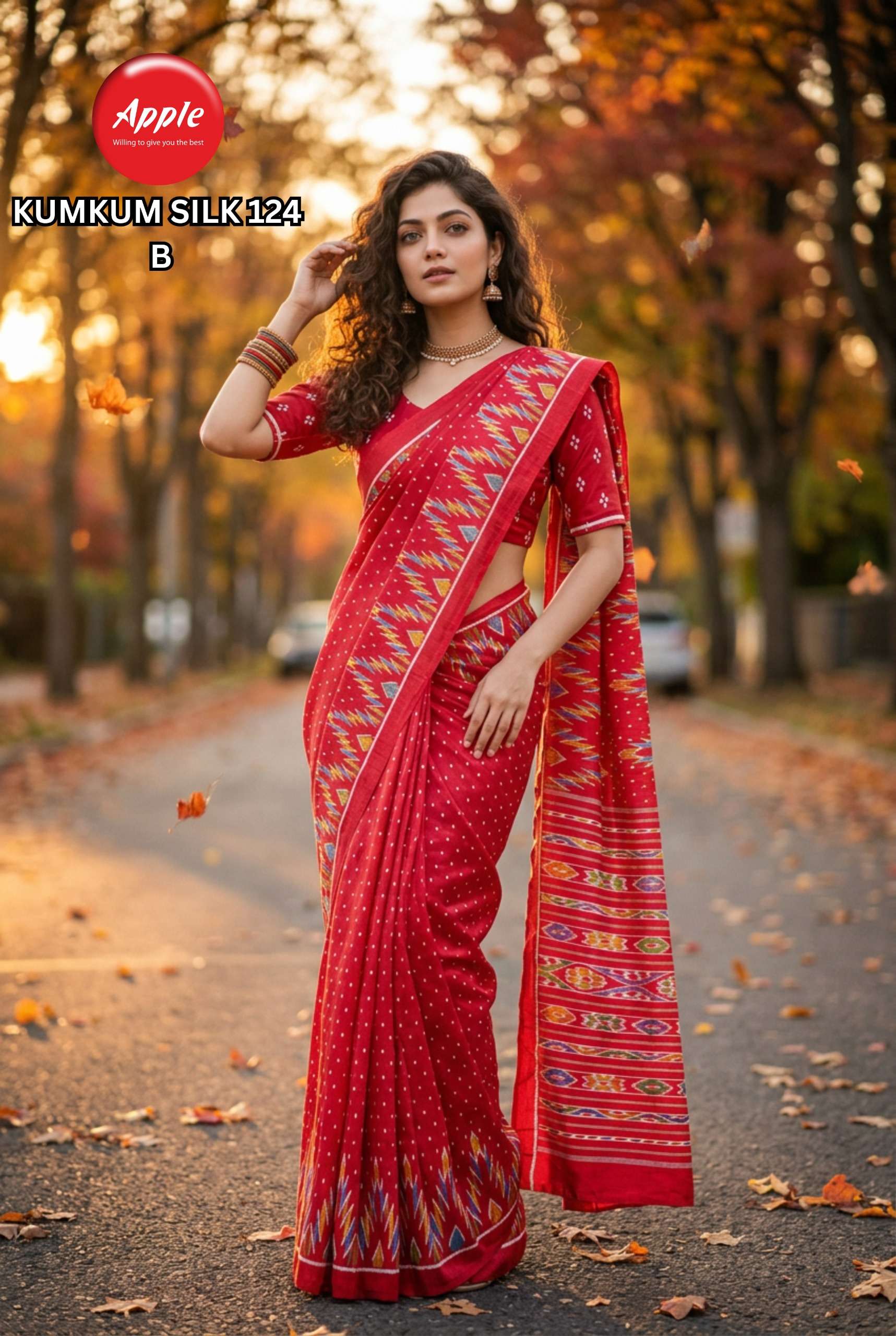 APPLE KUMKUM SILK  124 MADE OF SUPER SOFT AND PURE SILK BLED FABRIC SAREE WHOLESALE IN SURAT