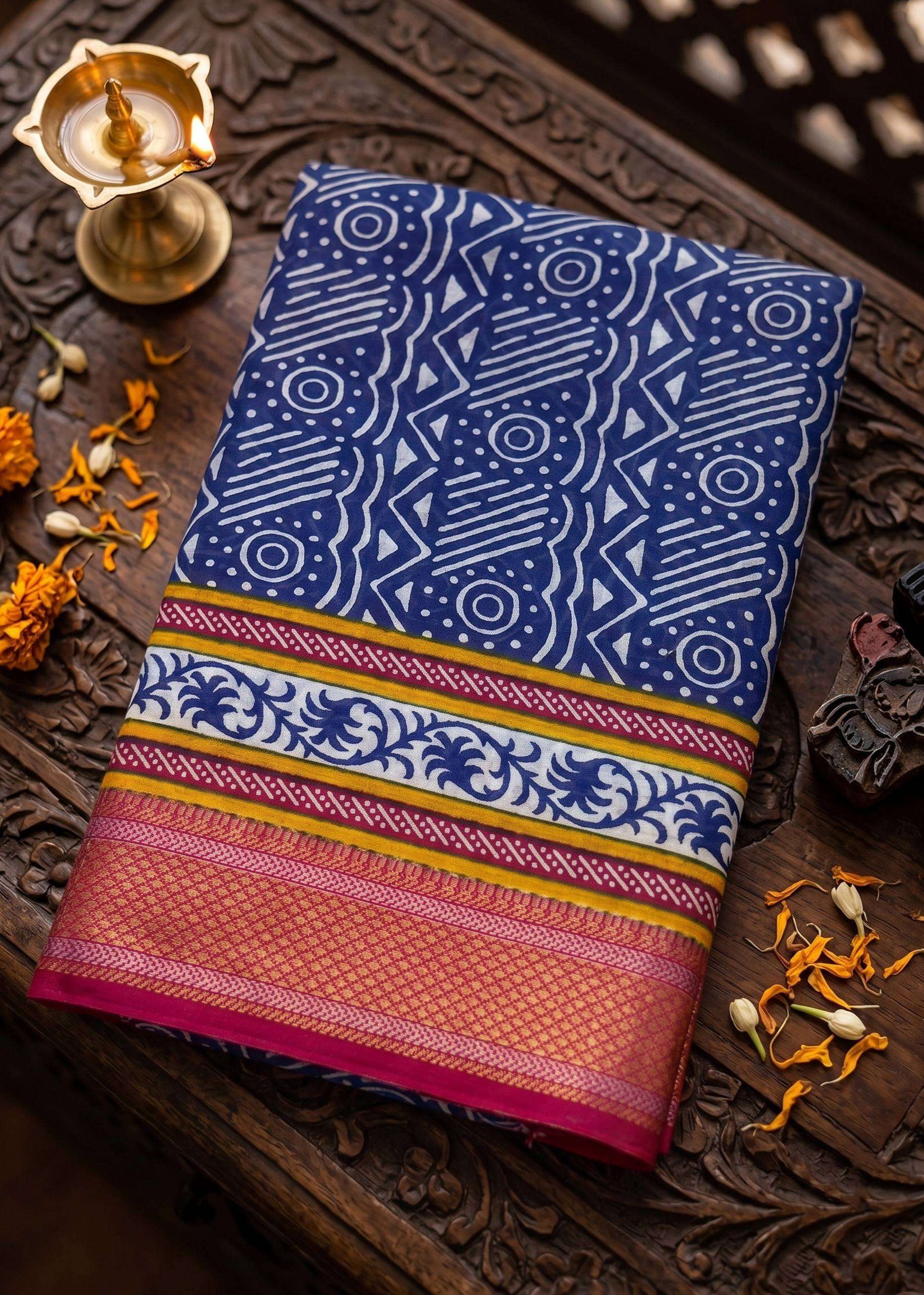 Art of the Block Mandala and Geometric Pattern handmade soft mulmul cotton fabric saree wholesale in surat