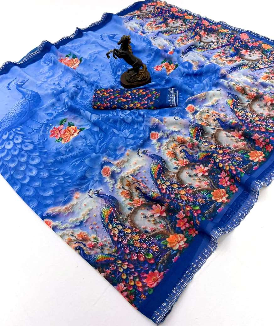 Beautiful and stylish peacock Digital Print Georgette fabric Saree wholesale in surat nena