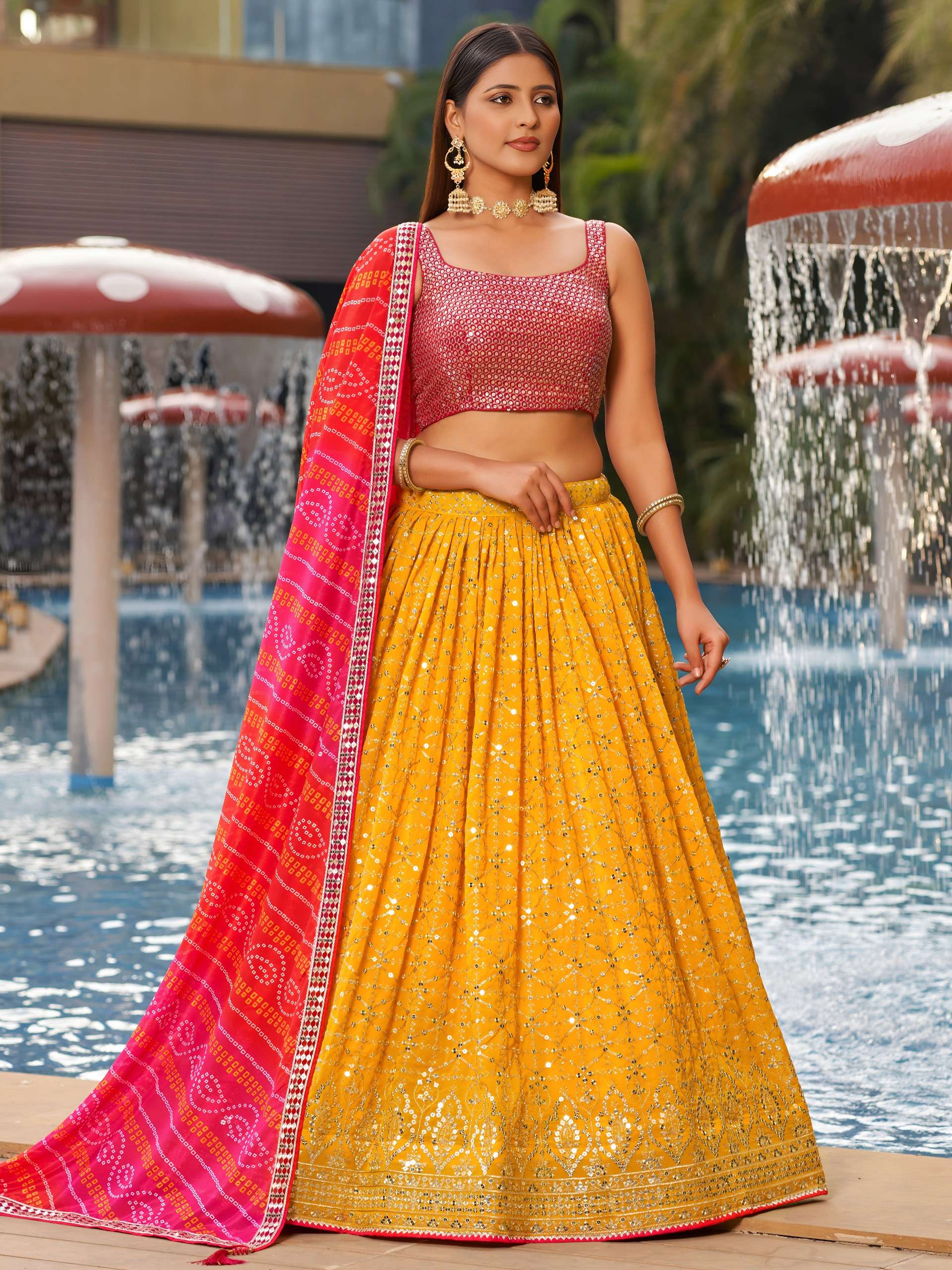 beautiful Mustard Yellow colour soft Georgette fabric lehenga choli wholesale in surat  8008 Yellow