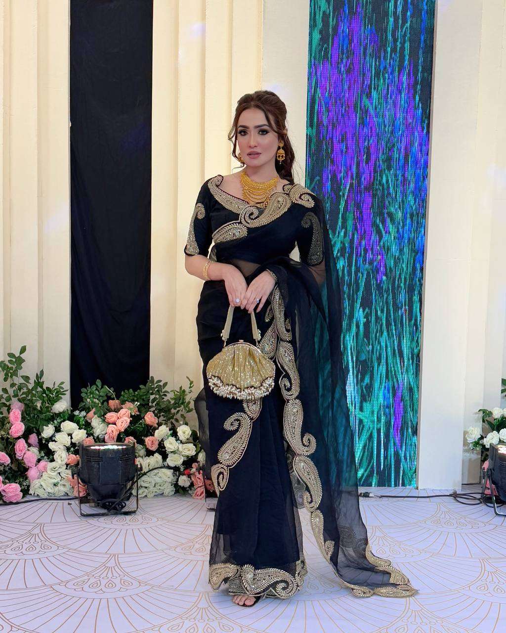 black colour party wear Soft Rangoli silk fancy fabric saree...
