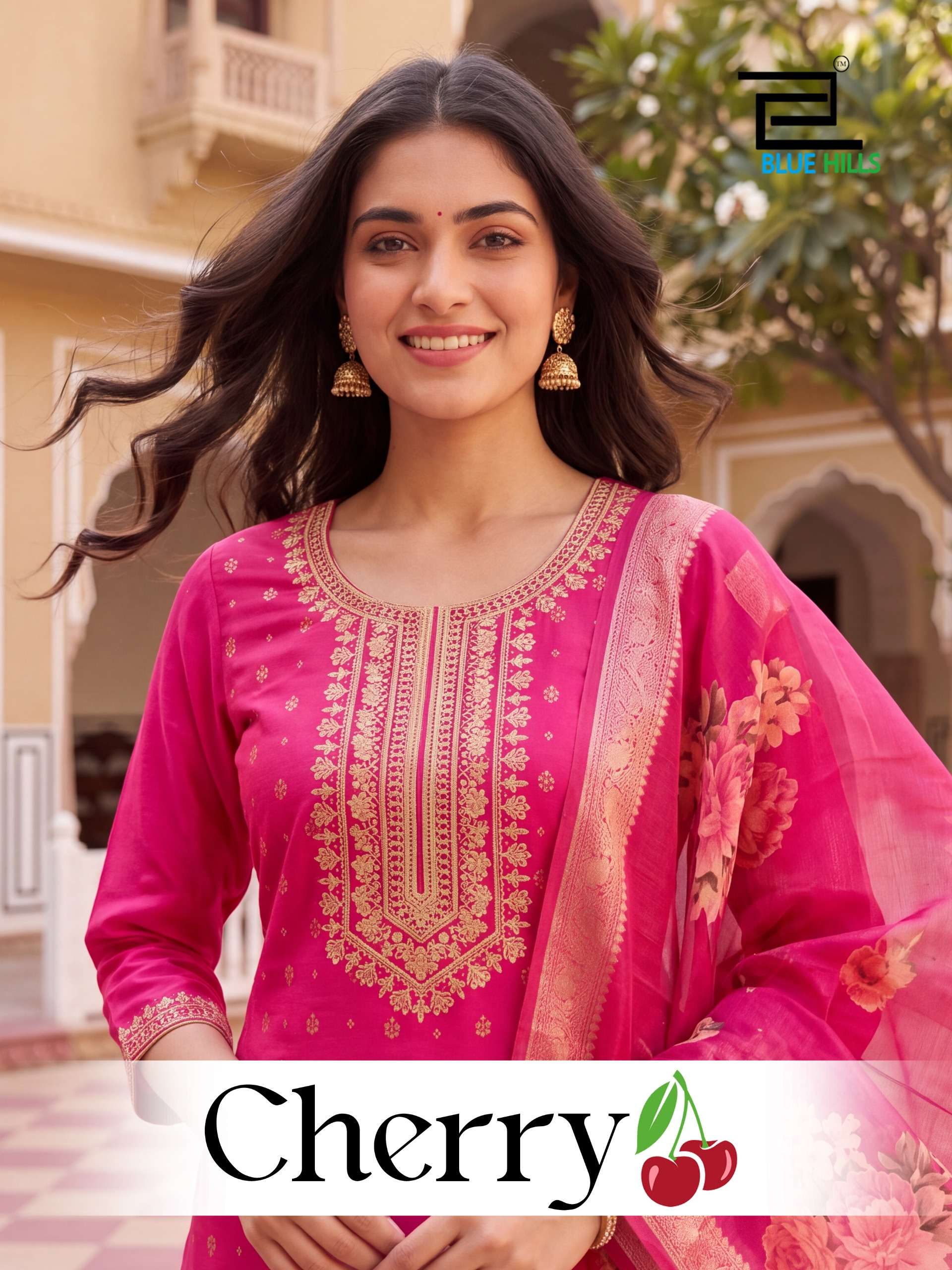 BLUE HILLS CHERRY MAL CHANDERI FOIL PRINT SALWAR SUIT TRADITIONAL OUTFIT WHOLESALE