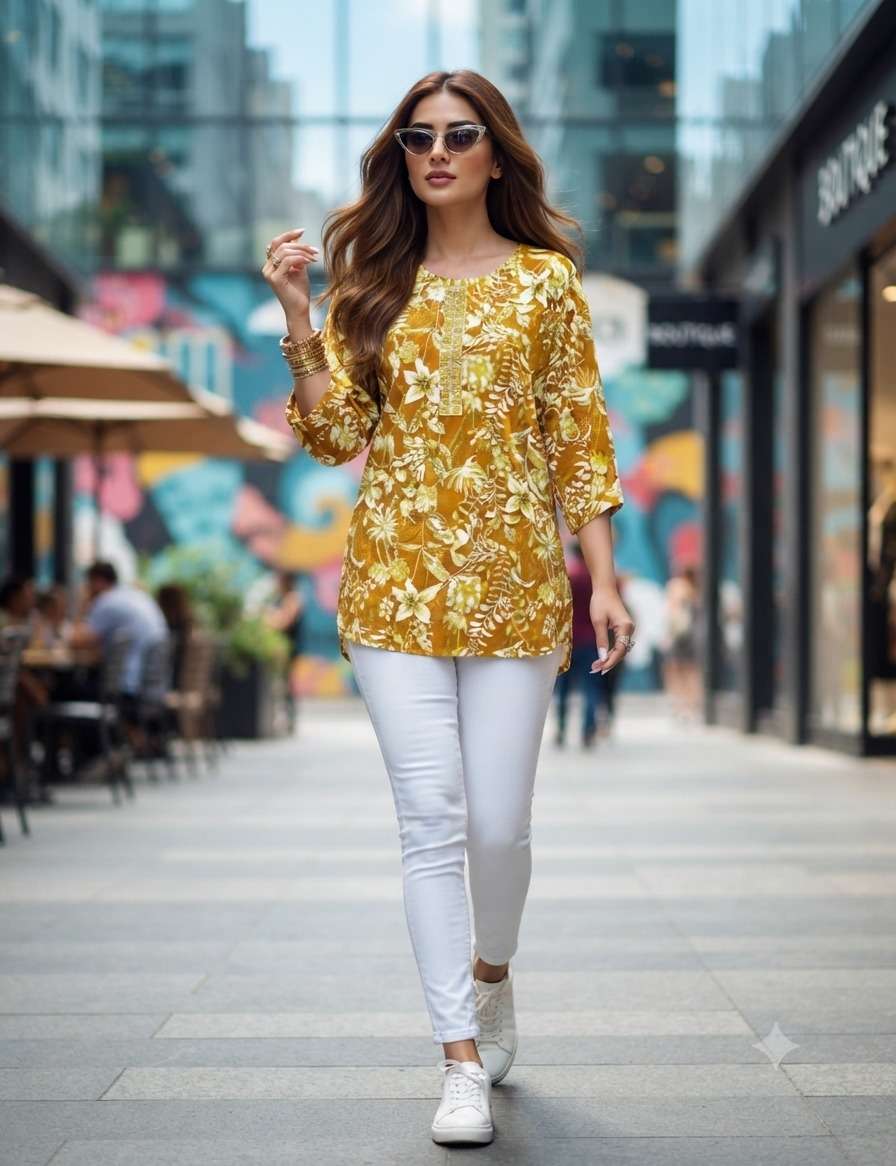BUTTERFLY RAYON PROCIAN PRINT SHORT TOP FOR GIRL OFFICE AND COLLEGE OUTFIT EXPORT
