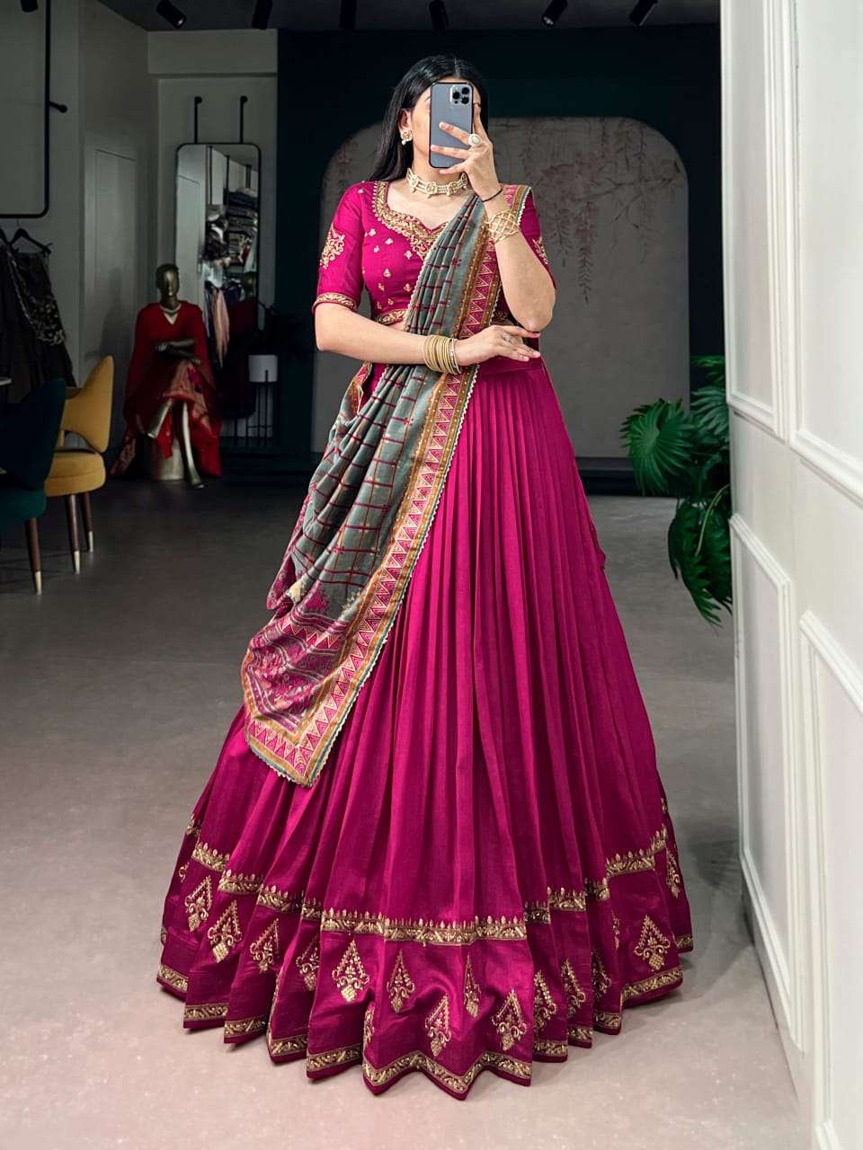 Chinnon silk fancy fabric with beautiful Embroidery Work on lehenga choli reseller in surat roy