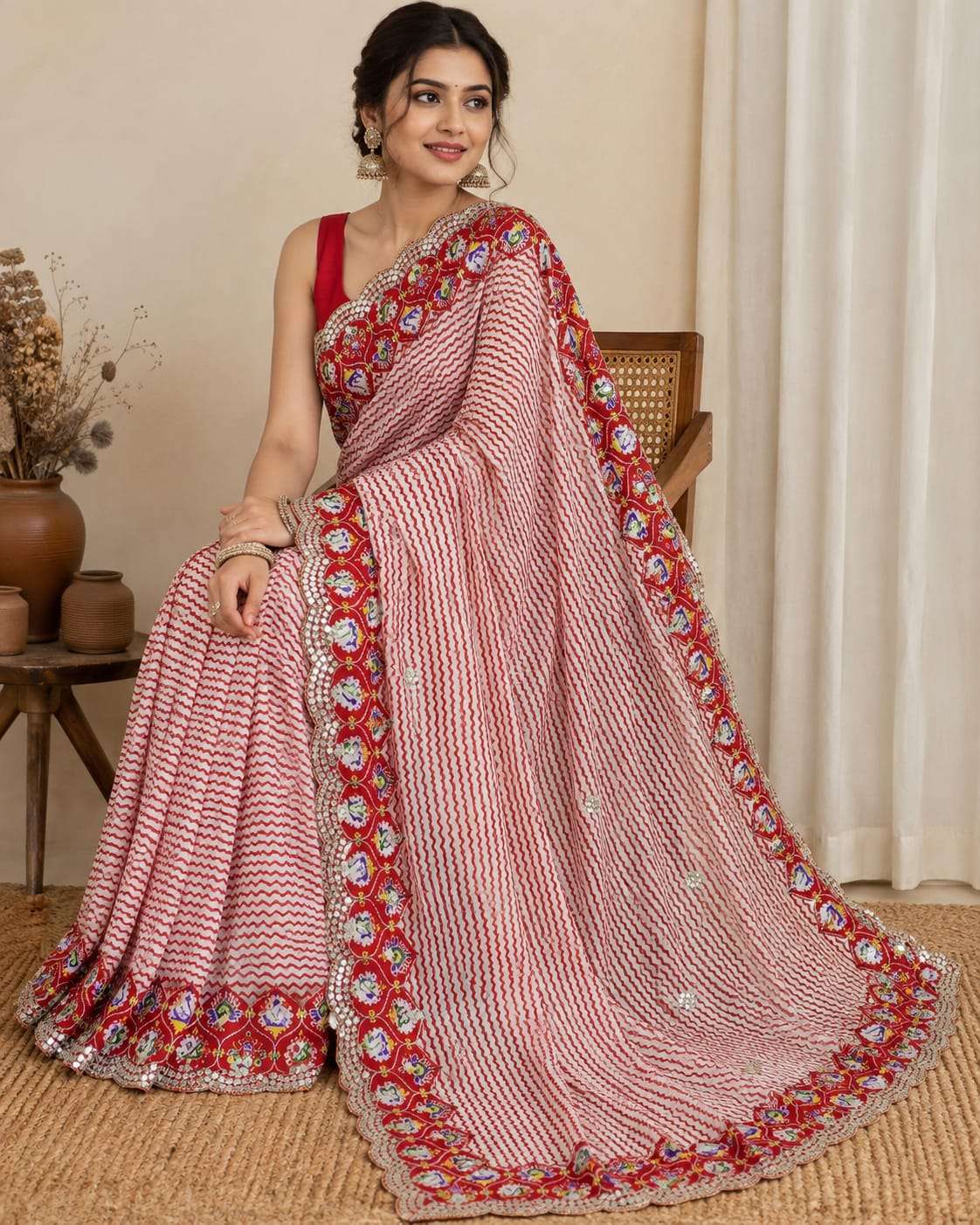 Chinon fancy fabrics lehriya & patola print designer and party wear saree wholesale in surat reel