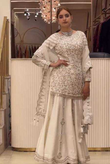 DB 47 GEORGETTE SEQUENCES WORK WHITE FARSHI SALWAR SUIT DIWALI AND EID PARTY SHOP