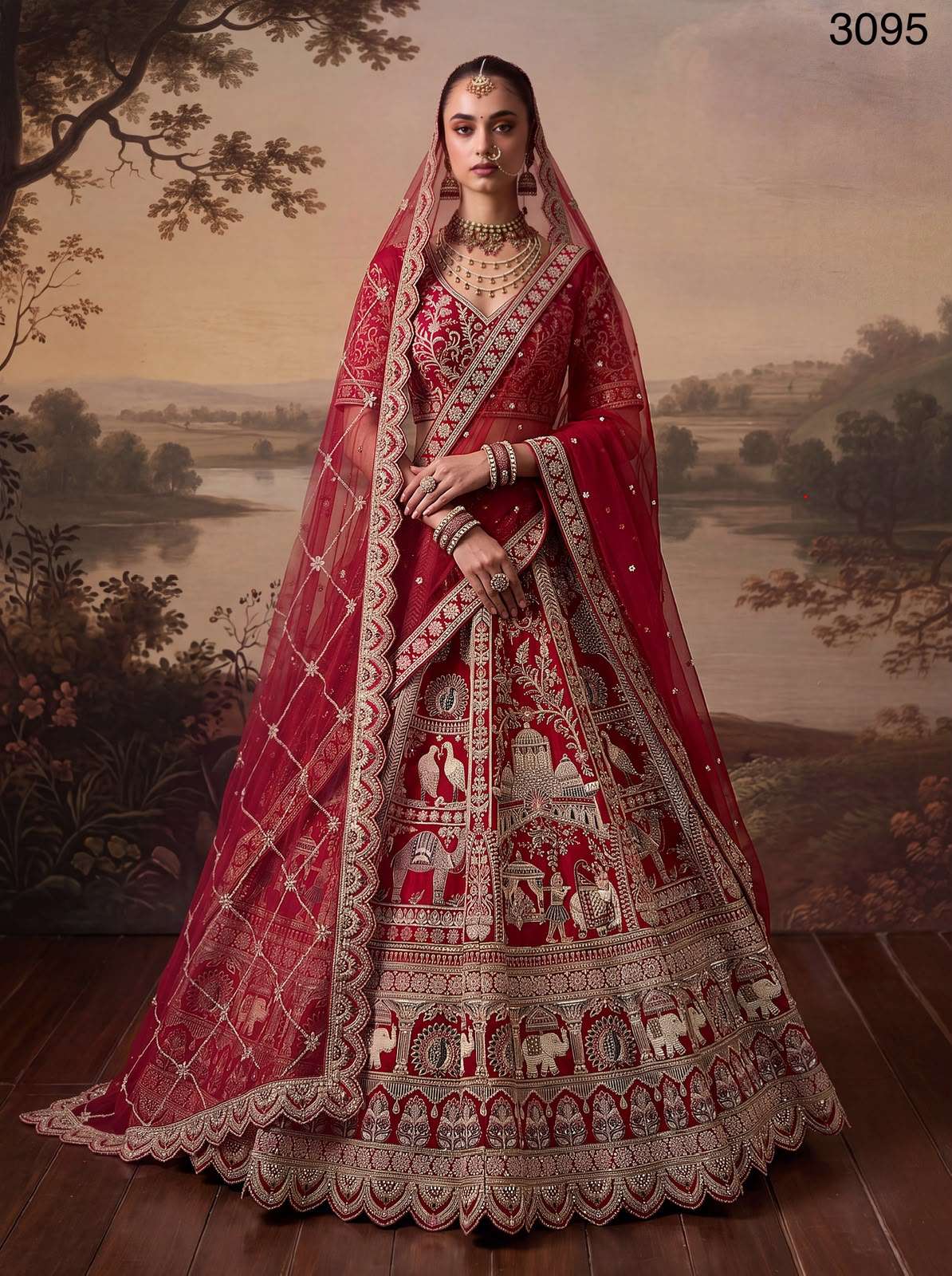 Deep Red Colour Bridal wear Baraat style designer Lehenga Choli reseller in surat 3095