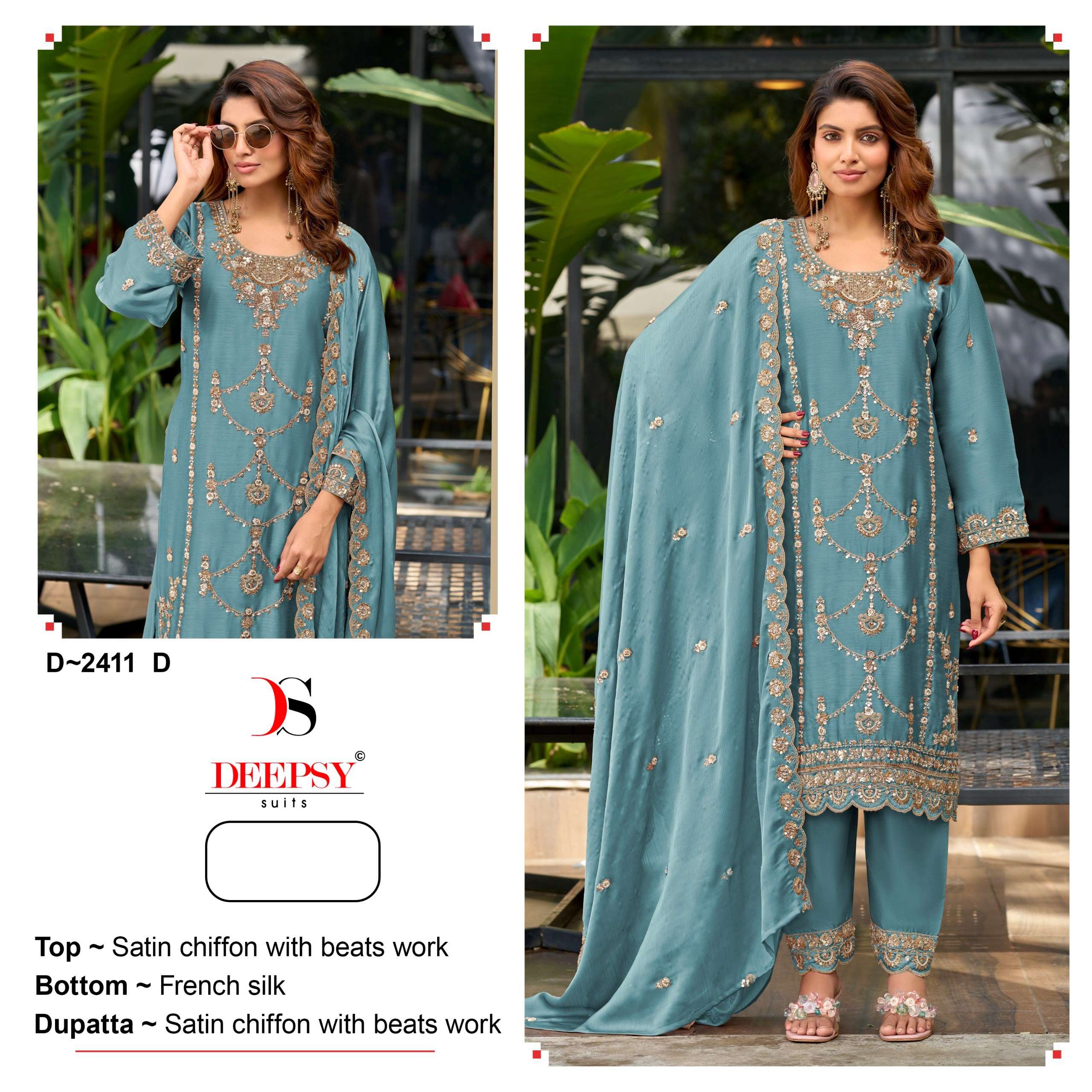 DEEPSY SUITS 2411 SATIN CHIFFON BEATS WORK SALWAR SUIT TO HEAVY MATERIAL SET RESELLER