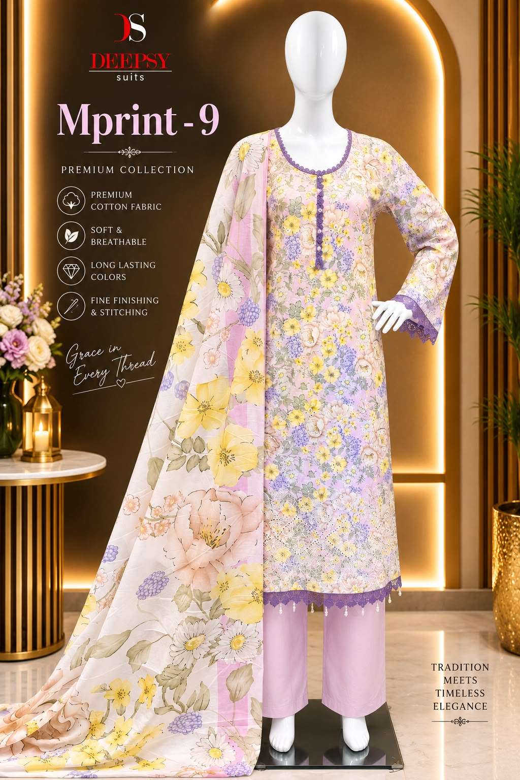 DEEPSY SUITS MARIAB MPRINT VOL 9 COTTON LACE & ATTACHED LATKAN PAKISTANI SUIT STITCHED DEALER
