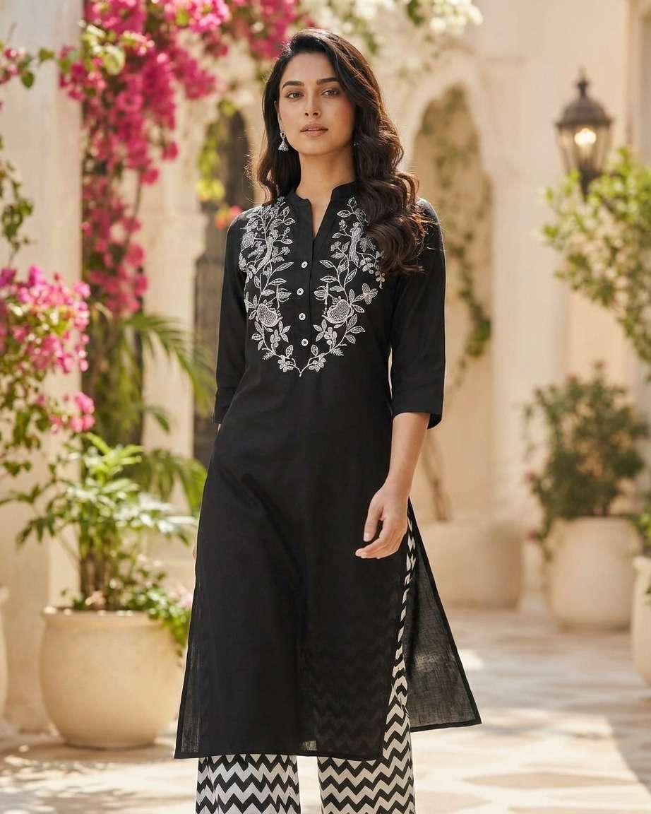 DESIGNER EMBROIDERY NECK BLACK KURTI PANT 2 PIECE TREND CLOT...