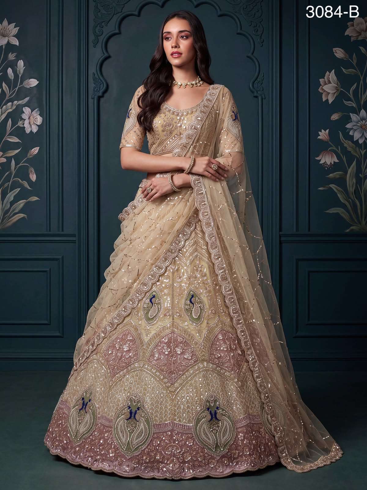 Designer Indian Wedding wear Lehenga Choli with Peacock Handmade work on lehenga choli reseller in surat 3084