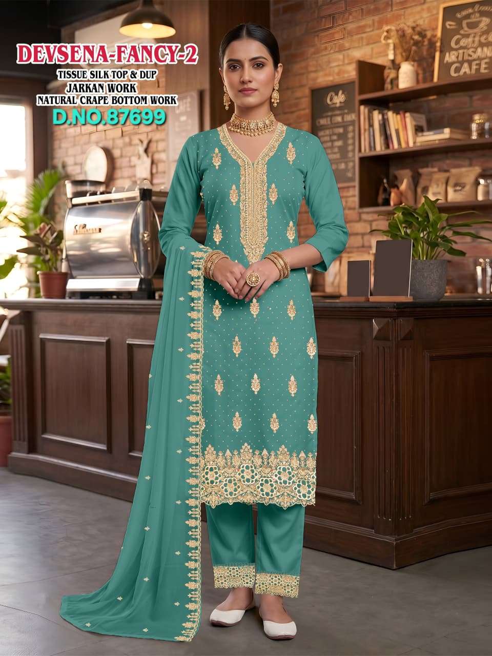 DEVSENA FANCY TISSUE SILK WITH JARKAN WORK LADIES SALWAR KAM...