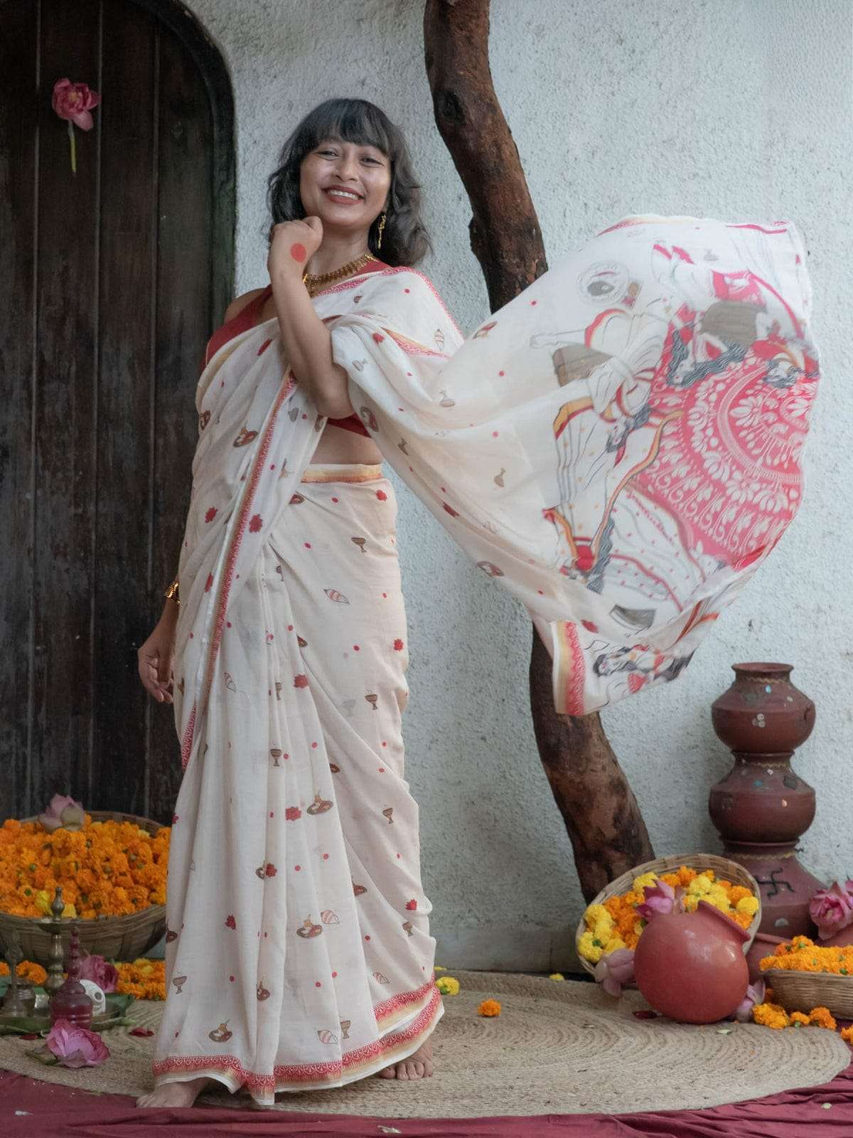 Durga pooja wear Soft Linen soft fabric saree with beautiful Digital Print on saree reseller in surat MG696