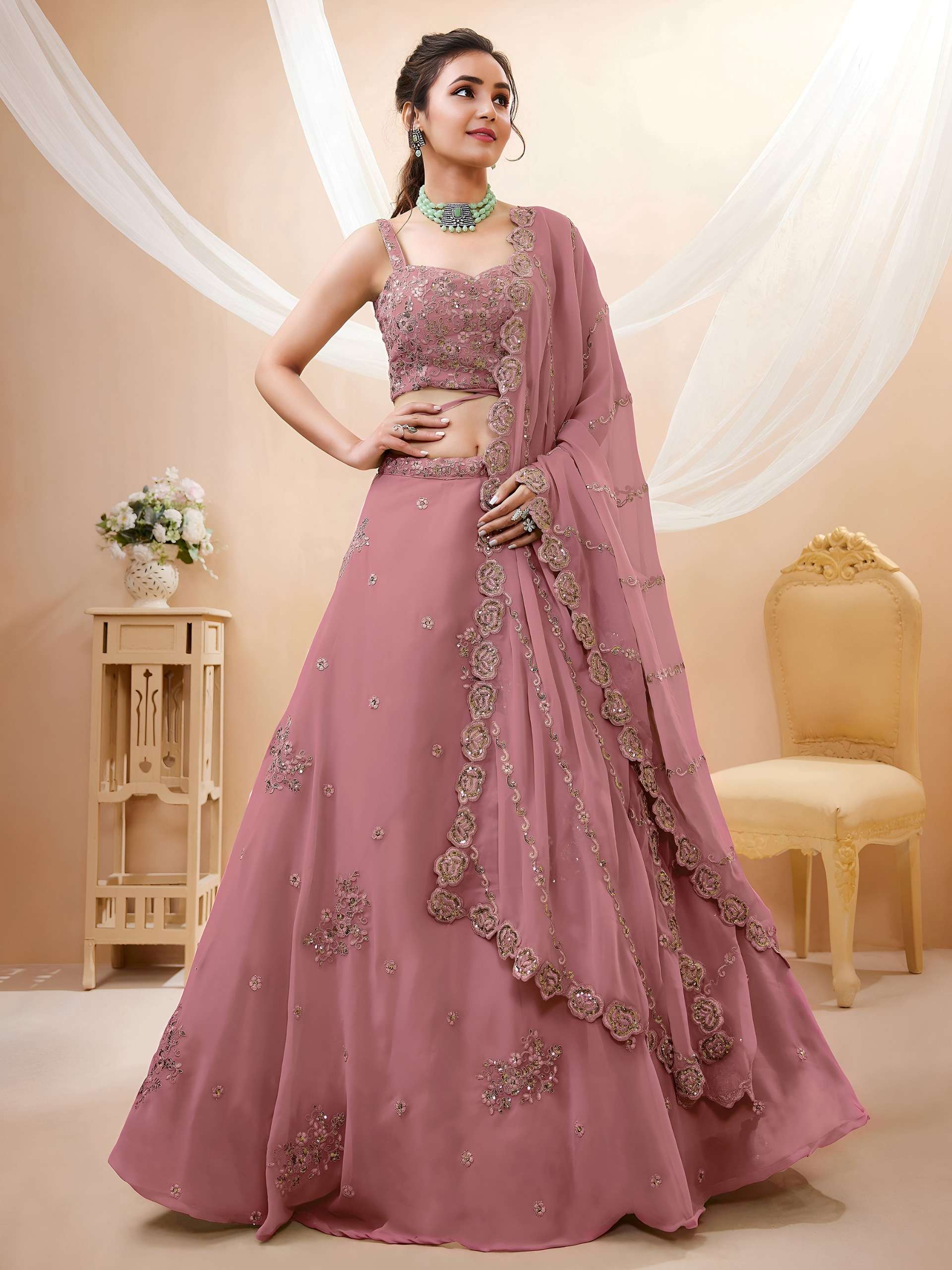  Dusty Rose colour Georgette fabric with Floral design on Lehenga choli wholesale in surat 7060 Peach