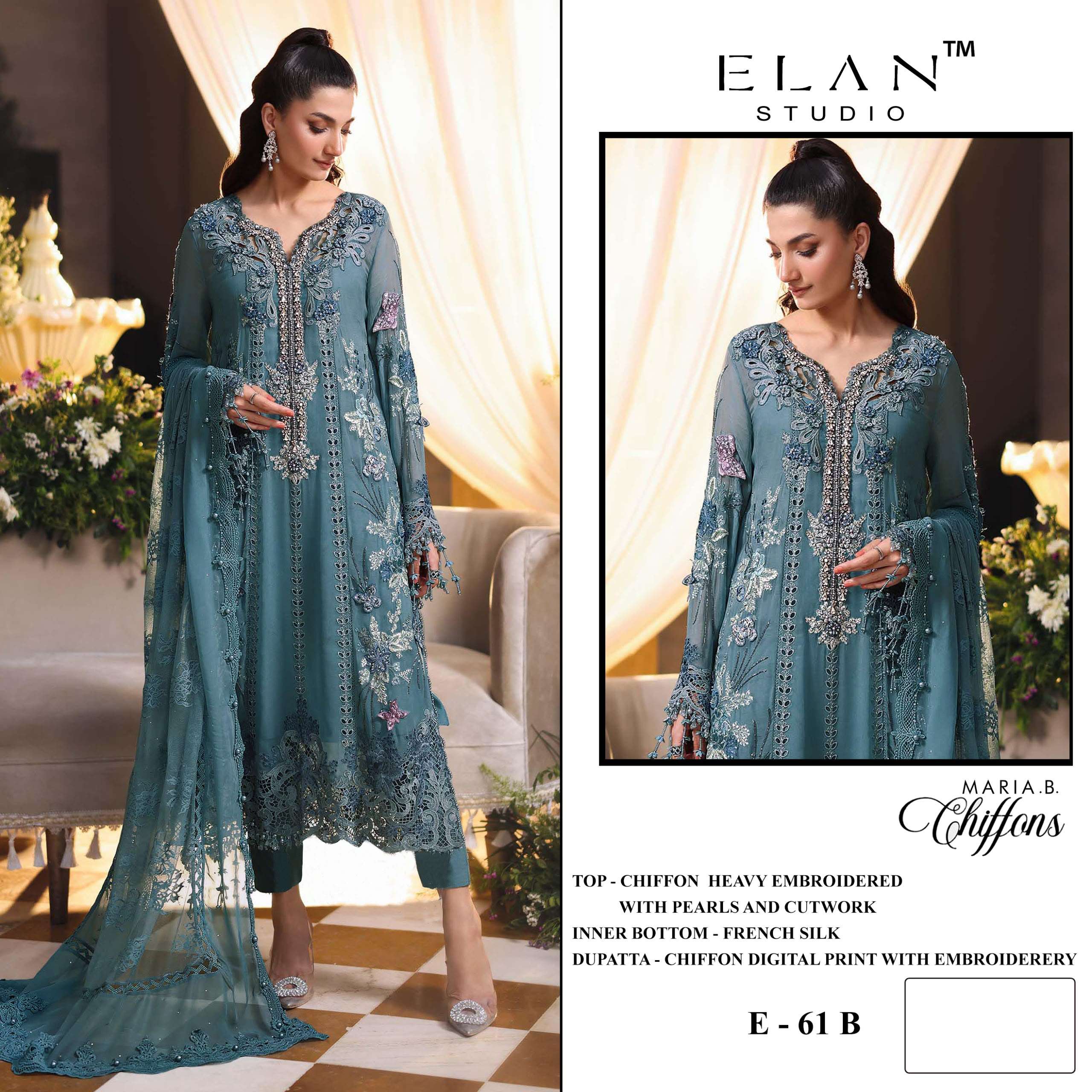 ELAN STUDIO E 61 EID PARTY WEAR HEAVY PEARLS & CUT WORK PAKISTANI DRESS SUPPLIER TOP INDIA