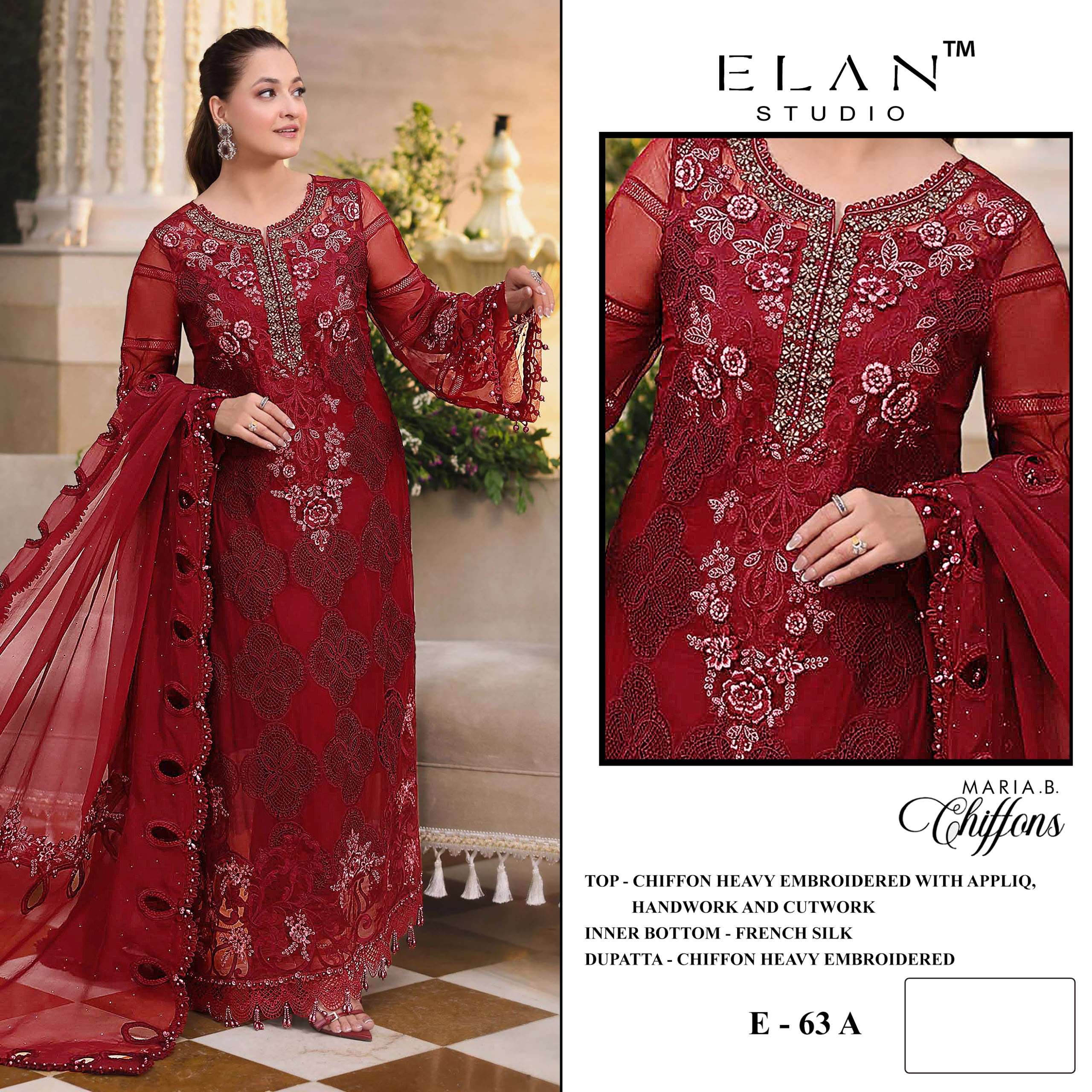 ELAN STUDIO E 63 CHIFFON HEAVY HANDWORK PAKISTANI MODAL 3 PIECE SUIT EID WEAR MARKET