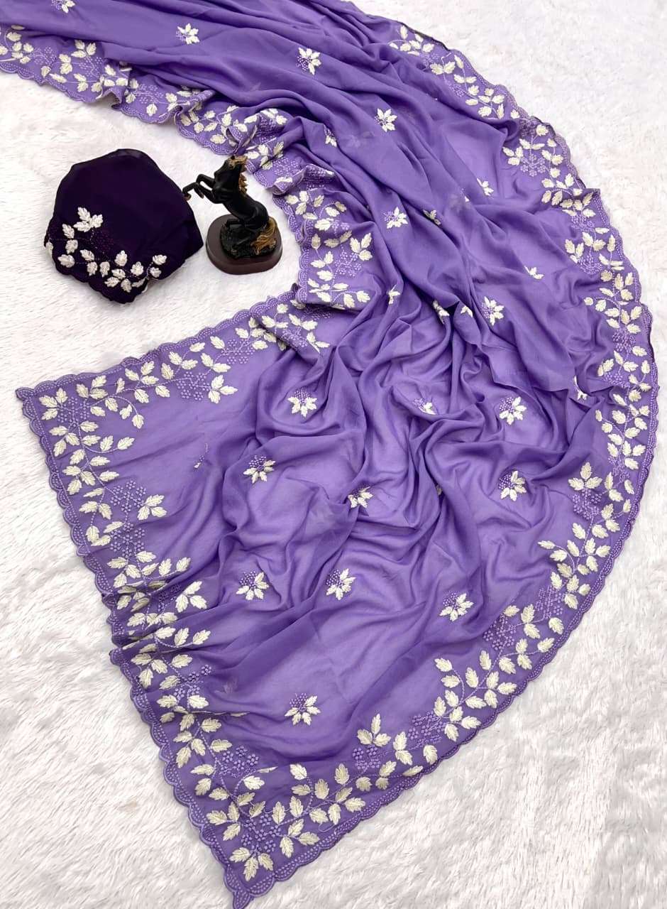  Elegant and regal Embroidery work on Shimmer Georgette fabric Saree wholesale in surat