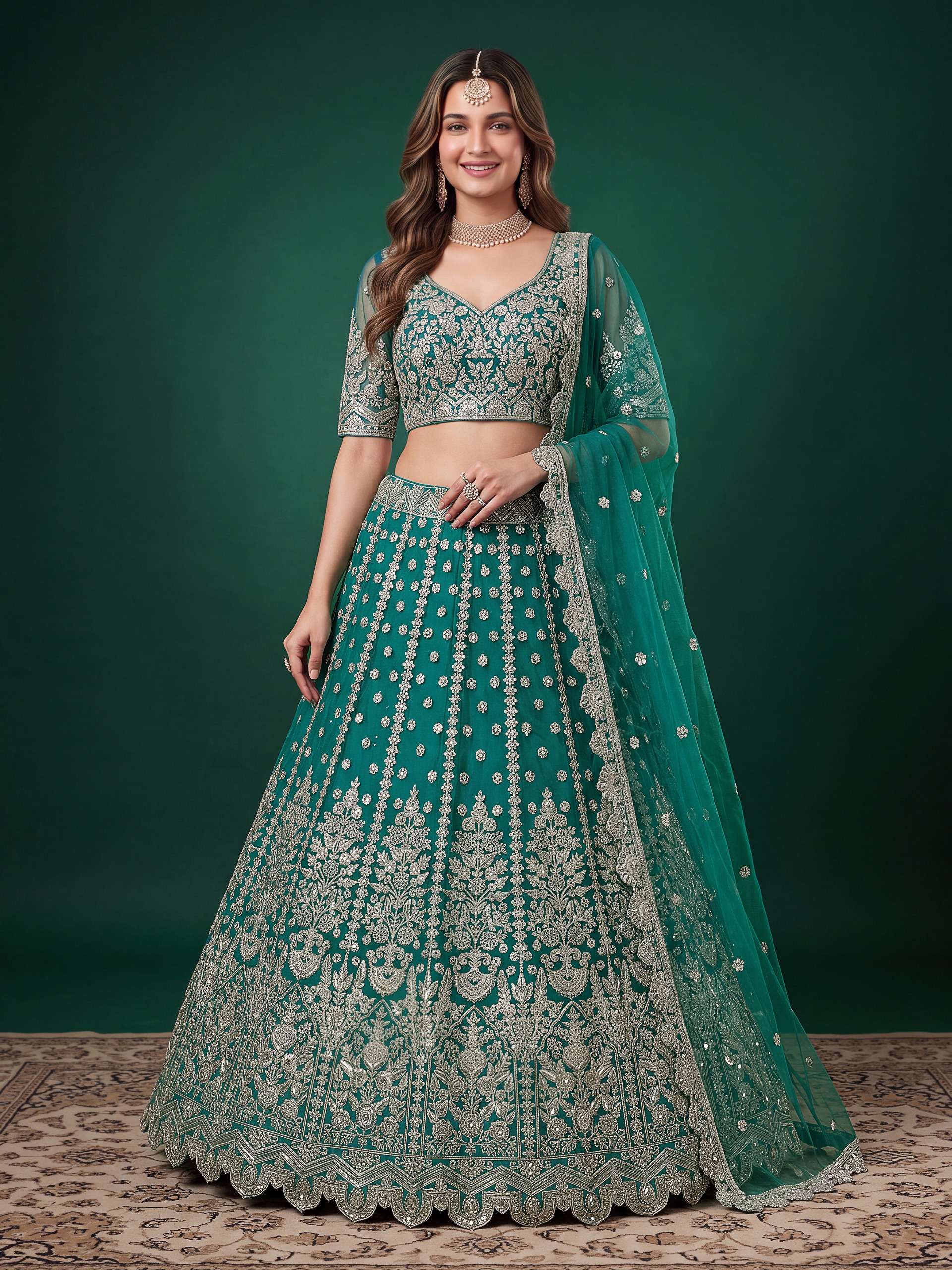 Emerald Teal colour with Fancy net fabric that look Regal Embroidered work Lehenga Choli supplier in surat 6013 Rama  