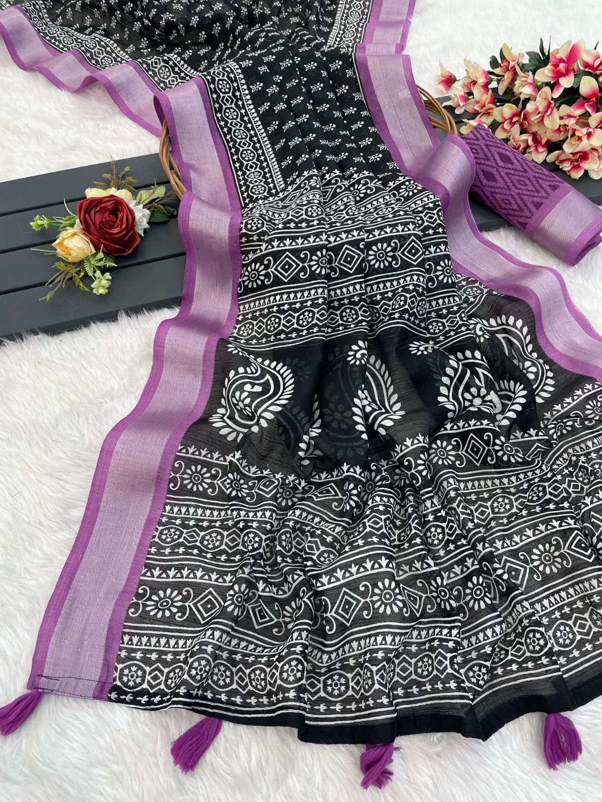 Exclusive super soft and cotton linen fabric saree with digital print on wholesale in surat wish