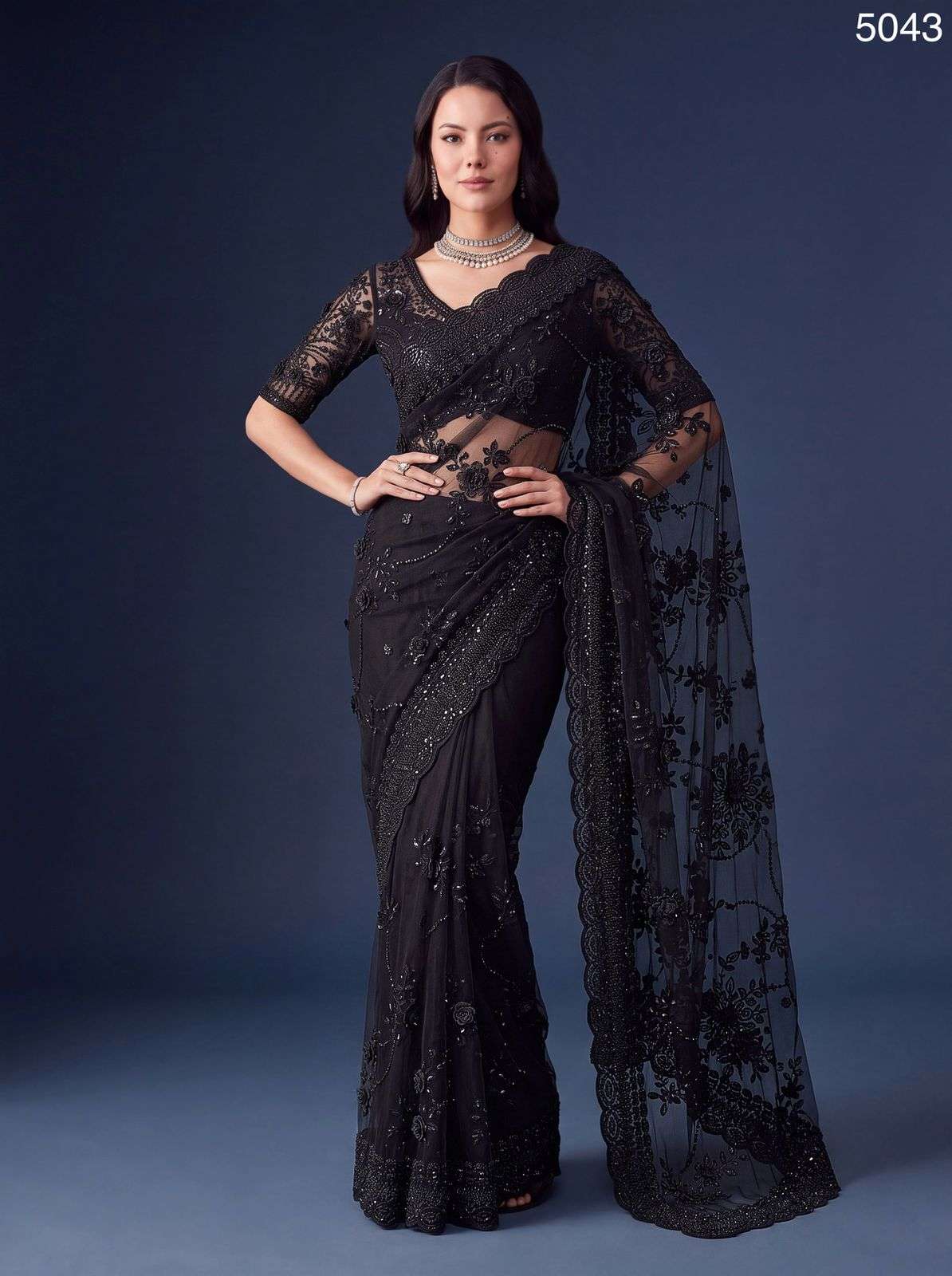 Exquisite and beautiful Black colour beads Handmade work Material designer net saree saree reseller in surat 5043