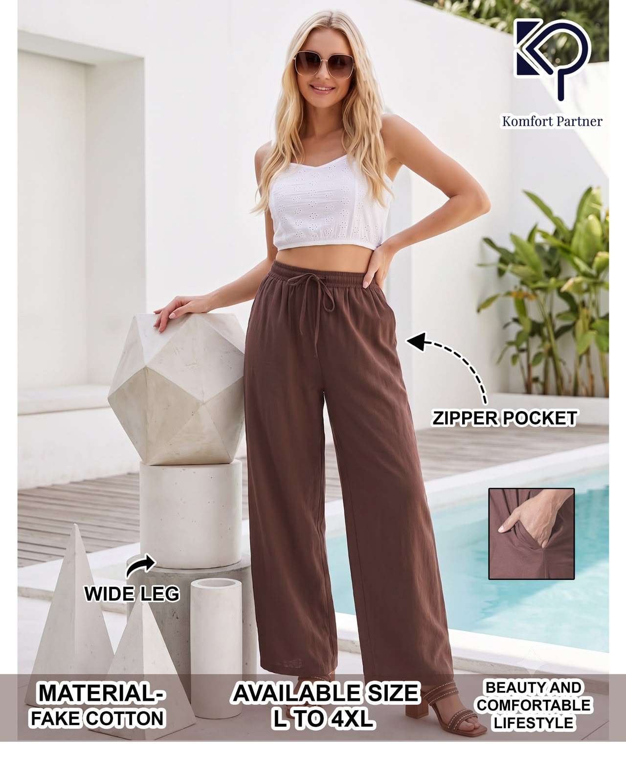 FAKE COTTON WIDELEG PANT FOR WOMEN FASHION TRAVEL BOTTOM WEAR WHOLESALER