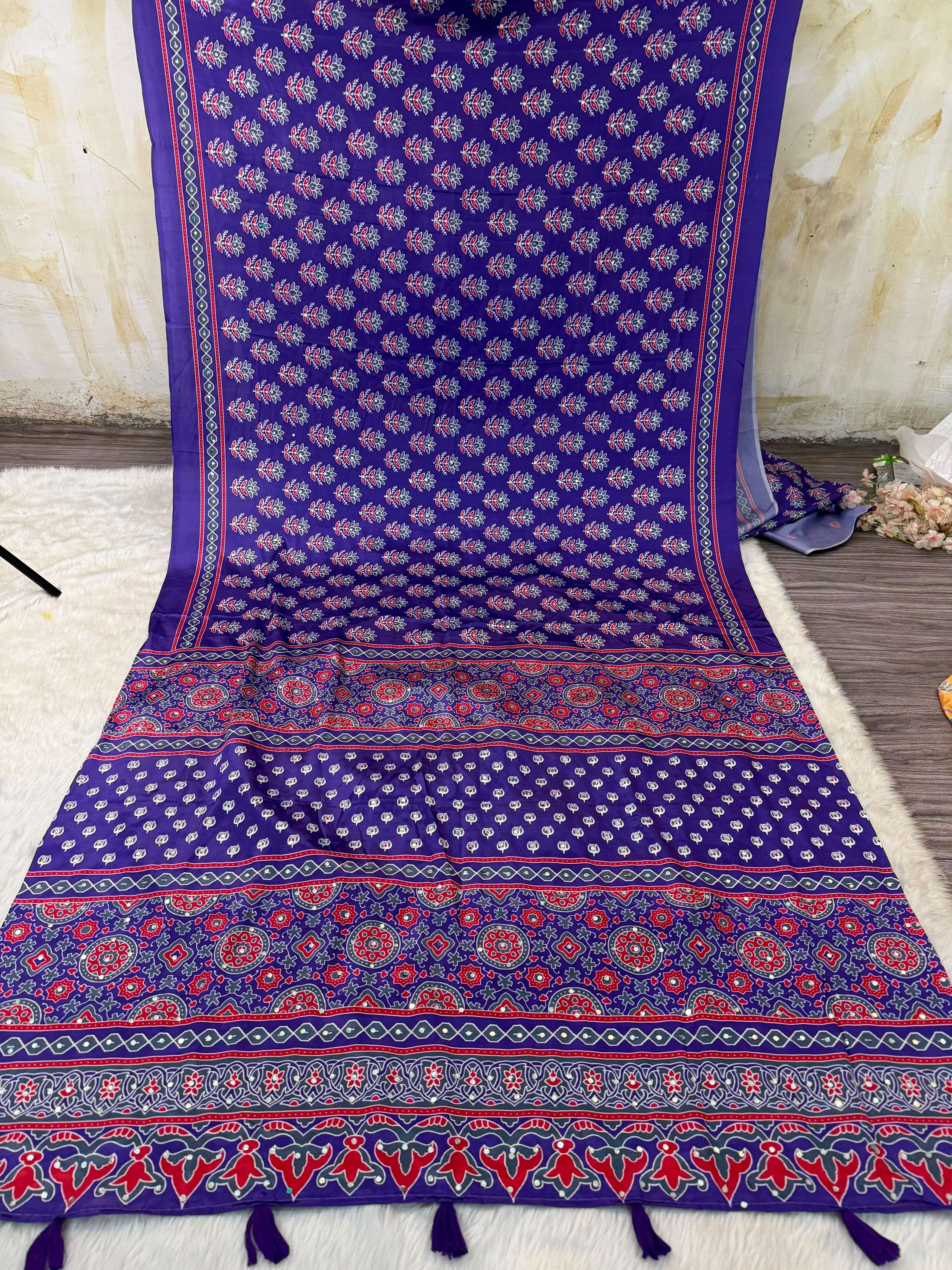 Fresh Arrival Premium japan silk fancy fabric with beautiful ajarakh print on saree wholesale in surat puna