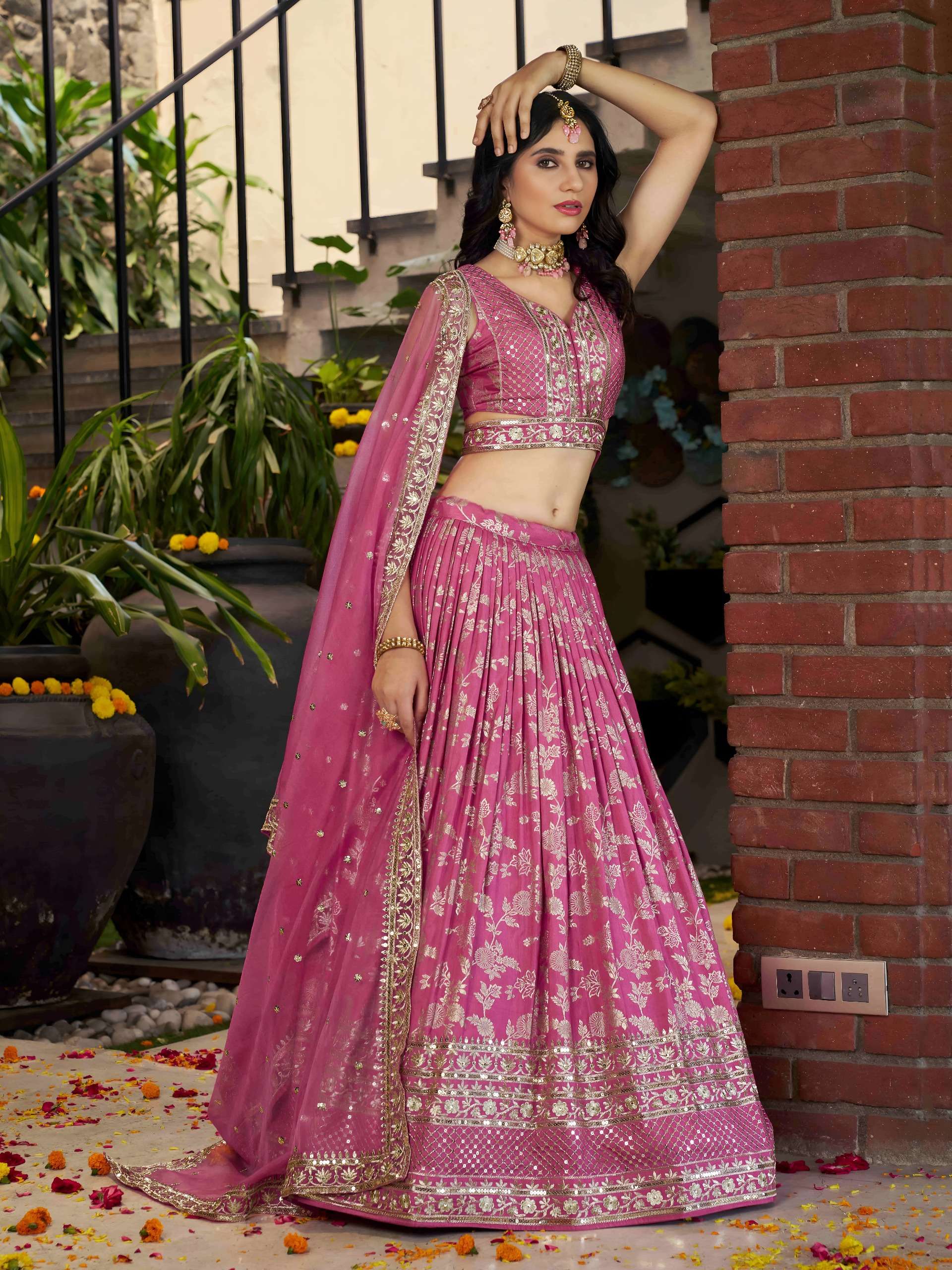 Fuchsia Pink colour with Festive Bloom Dola Silk Jacquard fabric Lehenga Choli wholesale in surat 7100 Pink