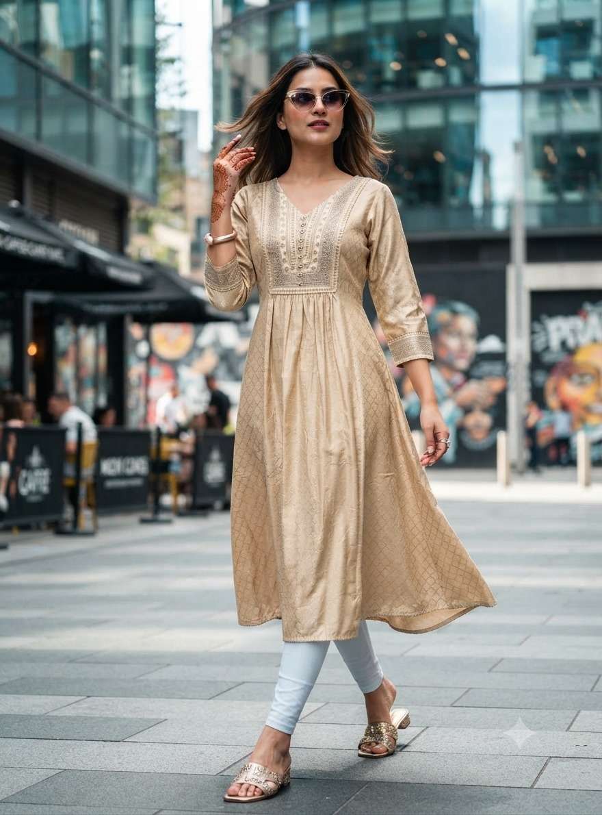 GL FANCY NECK SEQUENCE WORK FLARE KURTI CLASSIC LOOK WHOLESALER GUJARAT