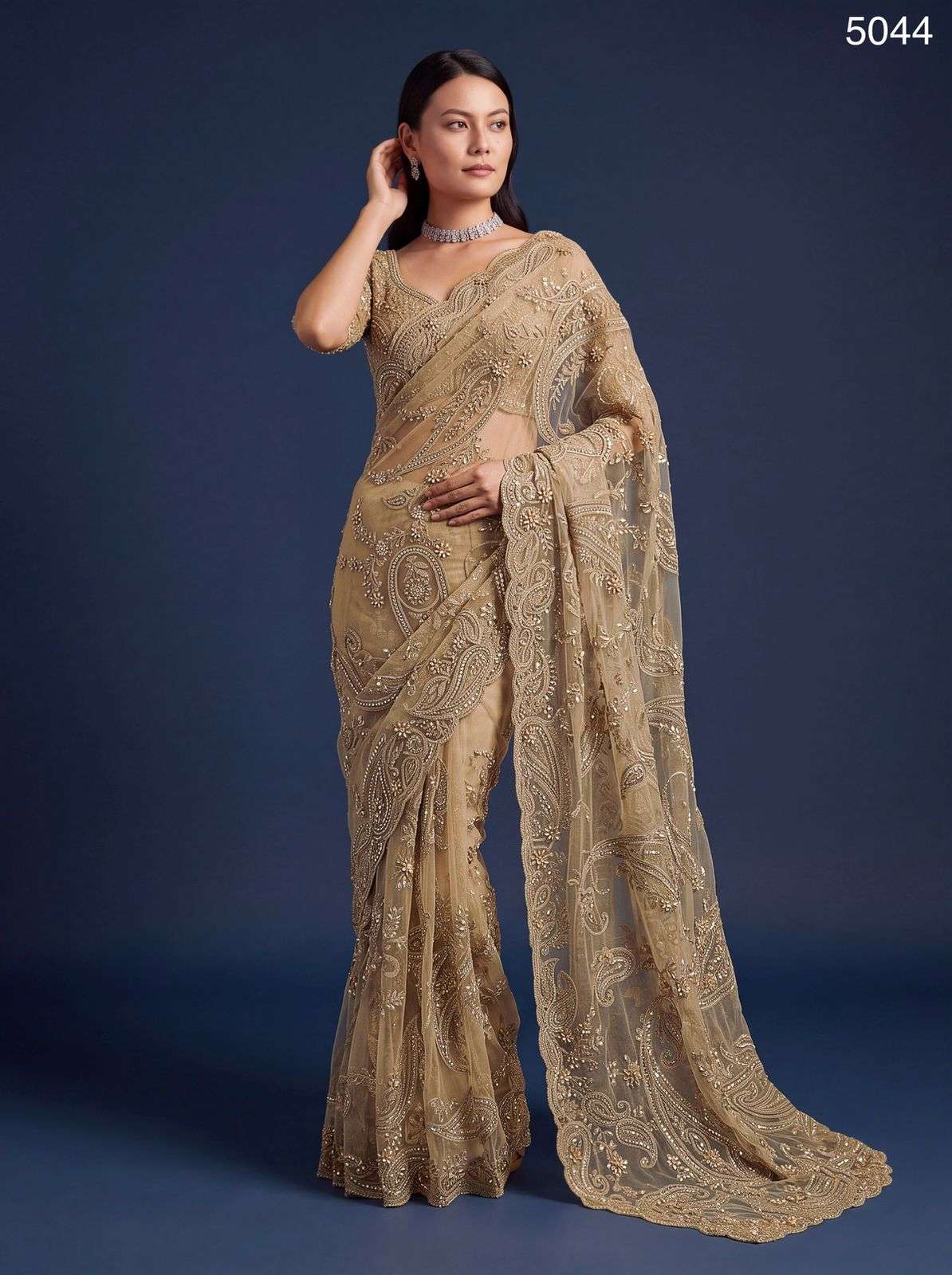Golden Shade colour Beautiful Katha Chain Embroidered with Premium Net Fancy fabric saree supplier in surat 5044 