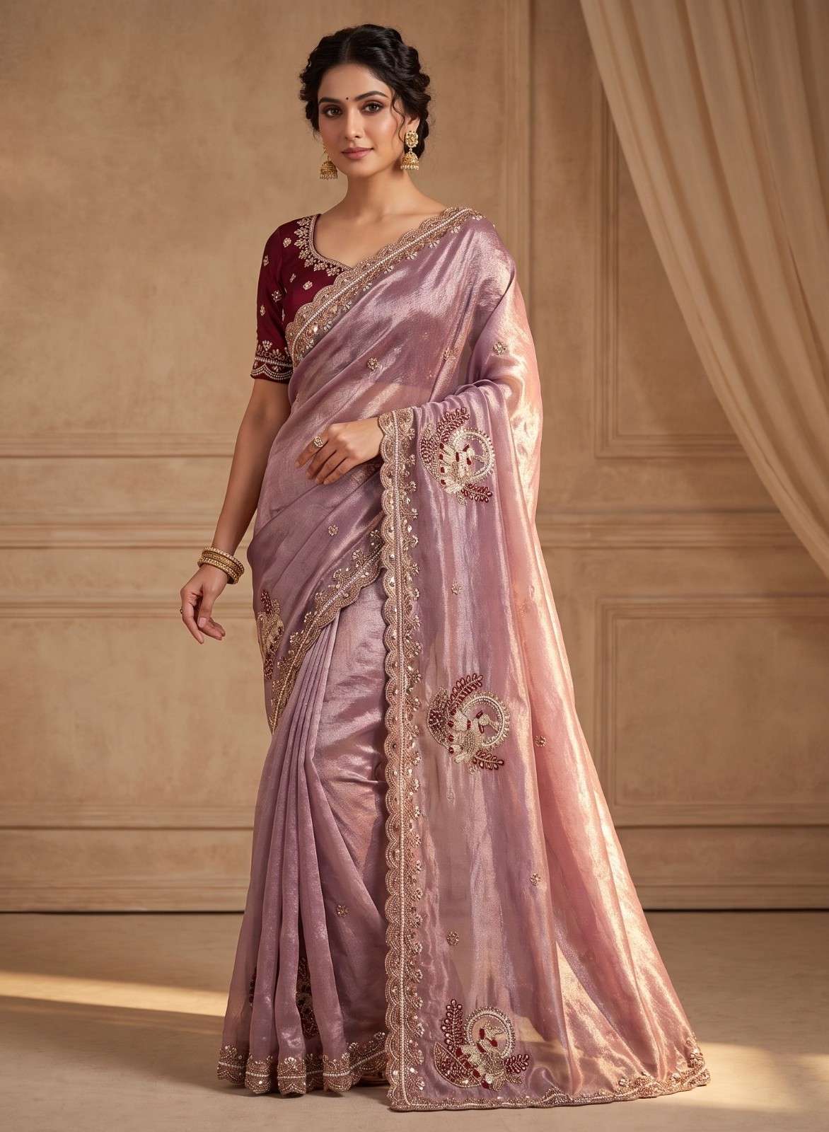 Hathi Pure Fancy Satin and Silk mix fabric With Beautiful and Original Rose Gold hathi designer saree wholesale in surat