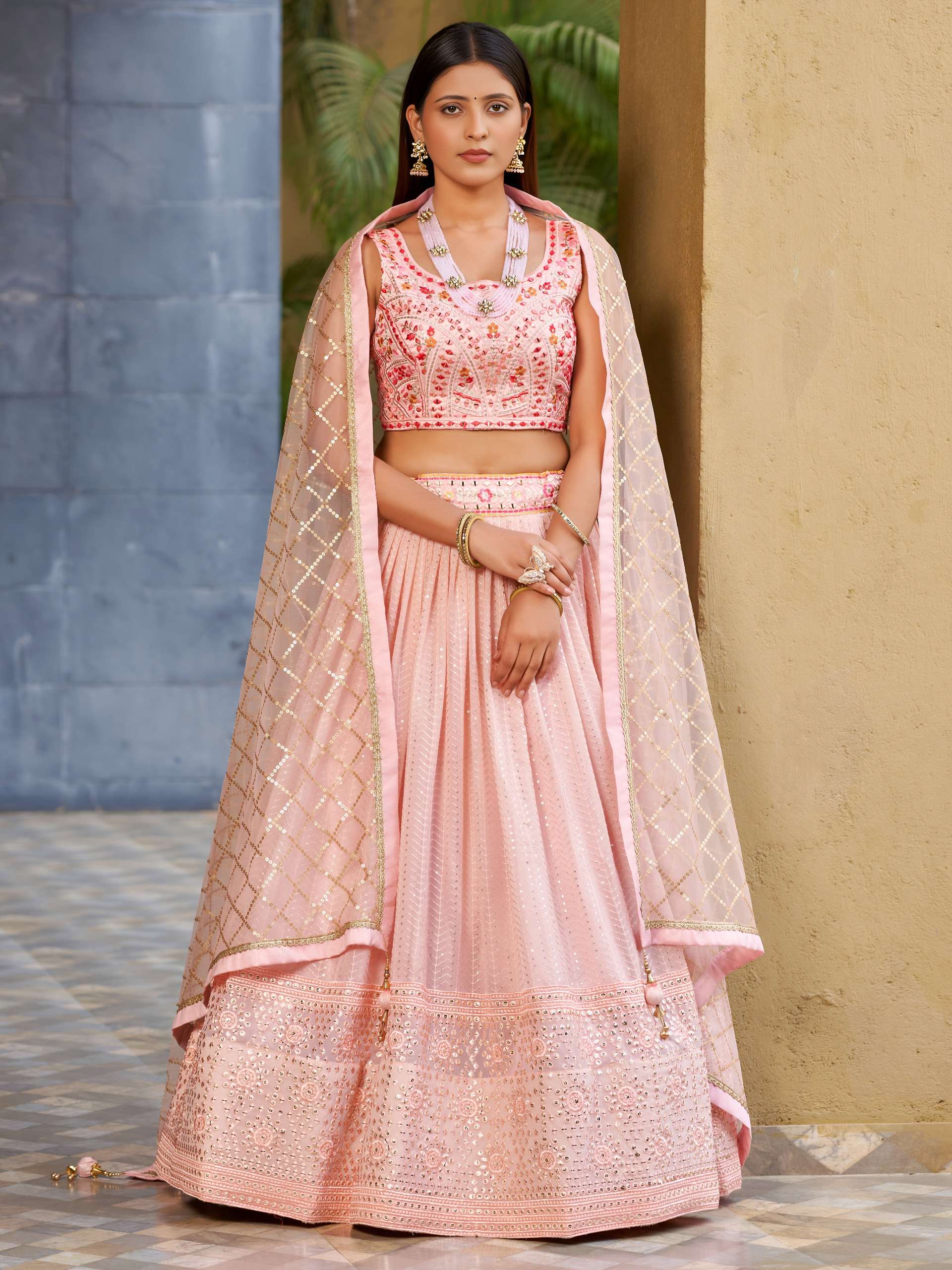 he soft blush and light pink colour georgette fabric lehenga choli reseller in surat 8009 Pink