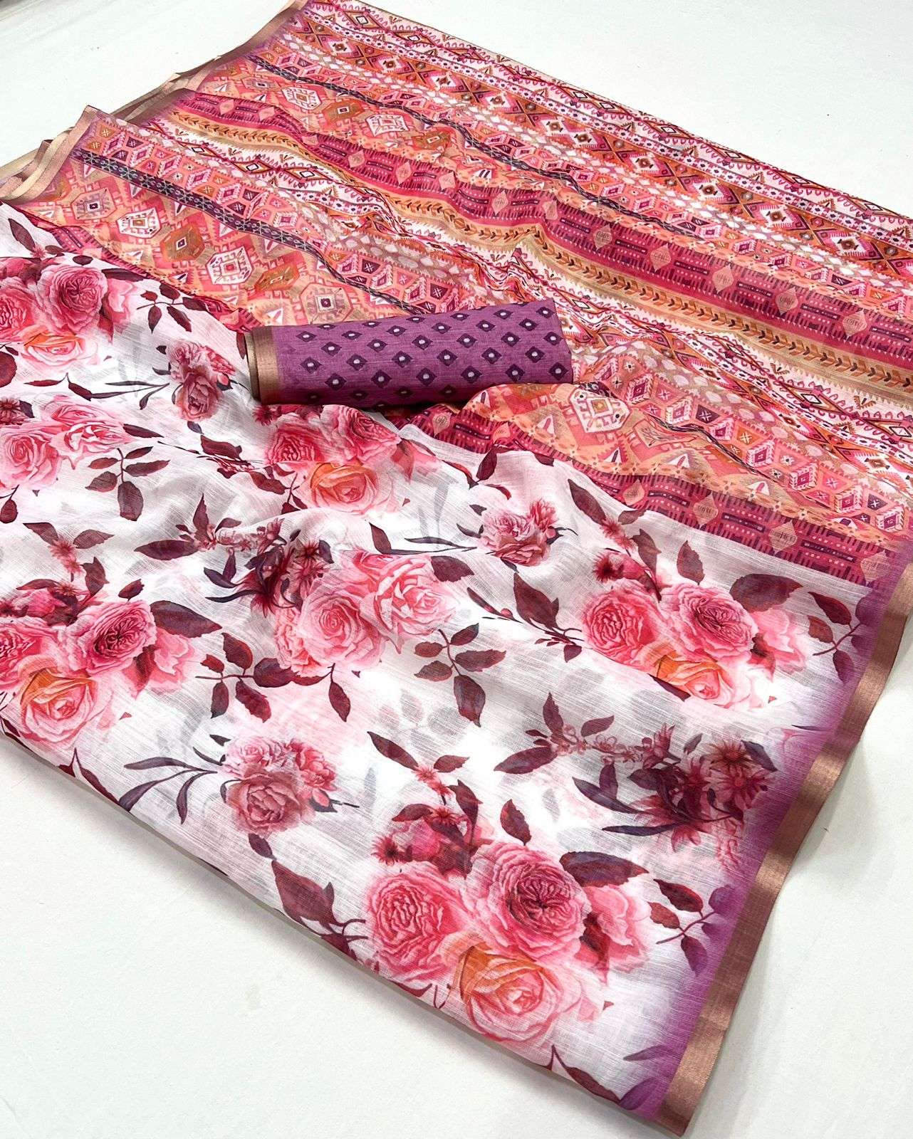 Heavy and soft pure linen fabric with beautiful flower with Digital print saree wholesale in surat