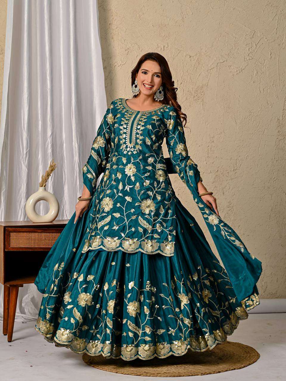  Heavy chinnon Silk Material Party Wear Look Top Lehenga and Dupatta wholesale in surat MD 3057