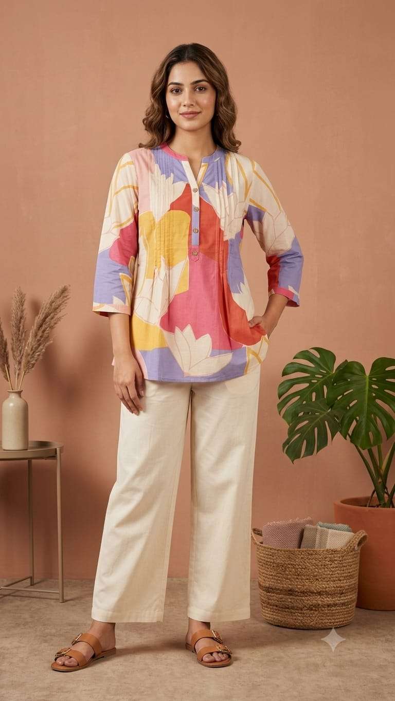 K 1280 INDO WESTERN SUMMER PRINTED COTTON PINTUCK TOPS FOR GIRL OFFICE COLLEGE EXPORT