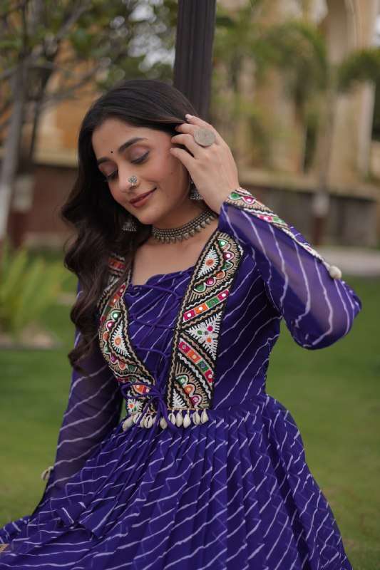 KA 1274 LAHERIYA PRINT WITH KUTCHI PATCHWORK GEORGETTE GOWN NAVRATRI COLLECTION IN SURAT