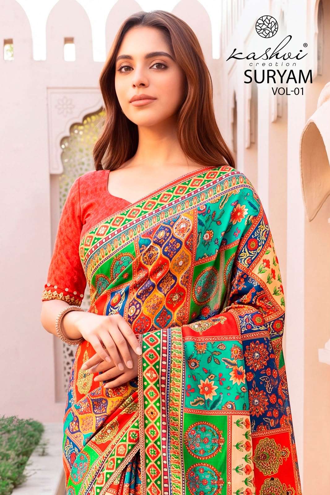 KASHVI CREATION SURYAM CHINNON DIGITAL PRINT WITH MIRROR WORK SAREE DEALER RATE