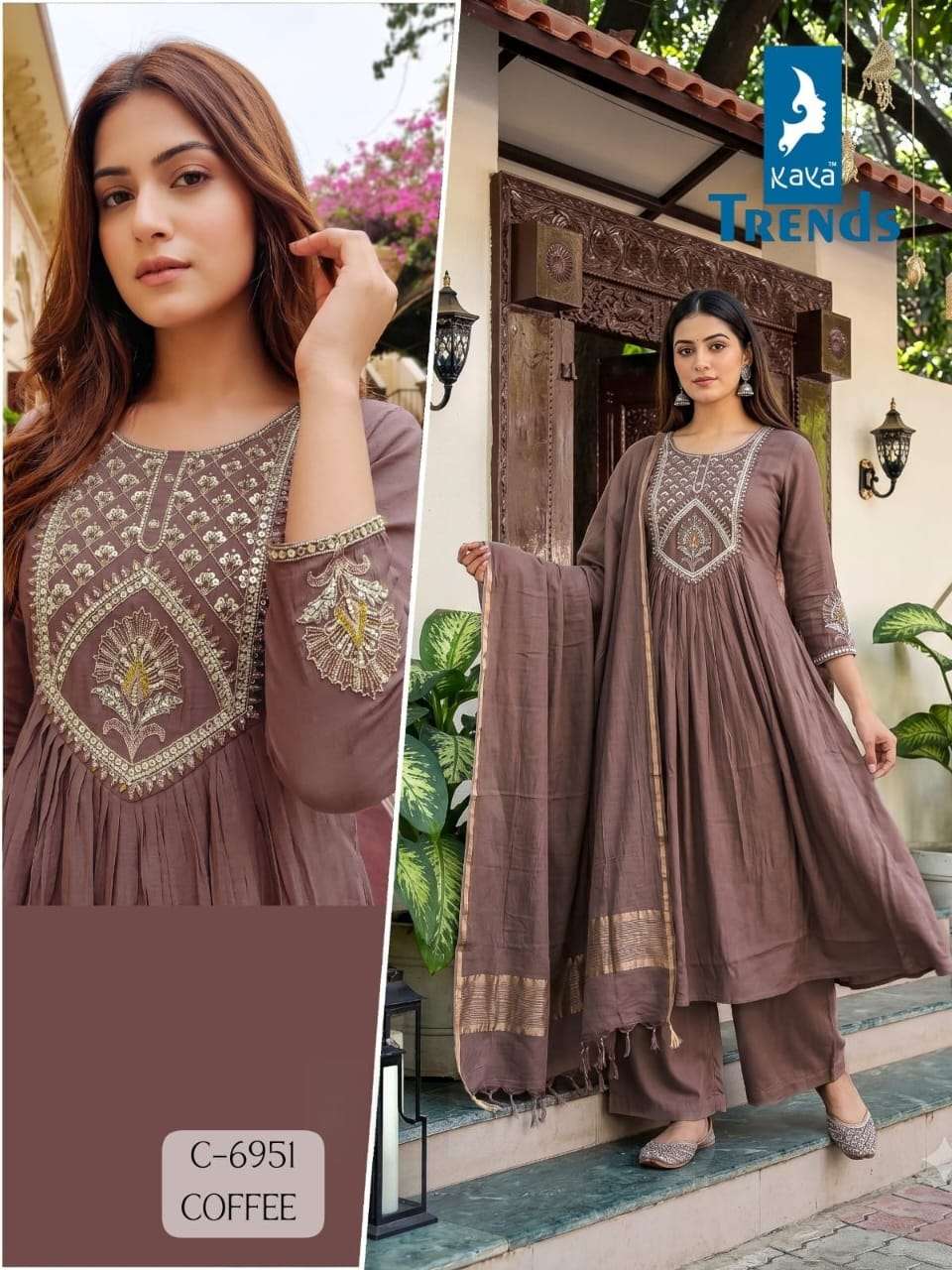 KAYA TRENDS 6951 A LINE GHERA 3PIECE WITH PLAZO BOTTOM AND BANARAS DUPTTA DEALER