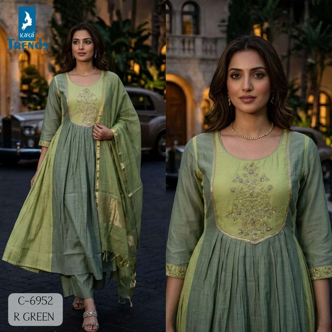 KAYA TRENDS 6952 CHANDERI PURE HANDWORK A LINE KALI 3PIECE SUIT CLASSIC WEAR WHOLESALER