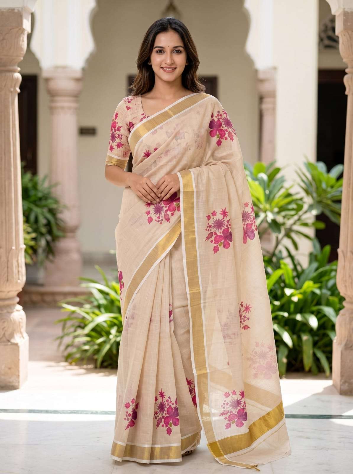 Kerala wear saree Chiku Linen super soft and pure Saree wholesale in surat MG679