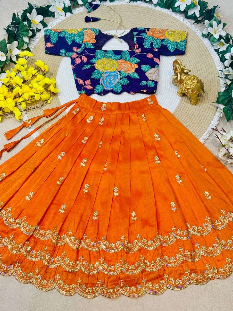 KIDS TISSUE SILK SKIRT WITH NATURAL CREPE POSITION BLOUSE WHOLESALE IN SURAT