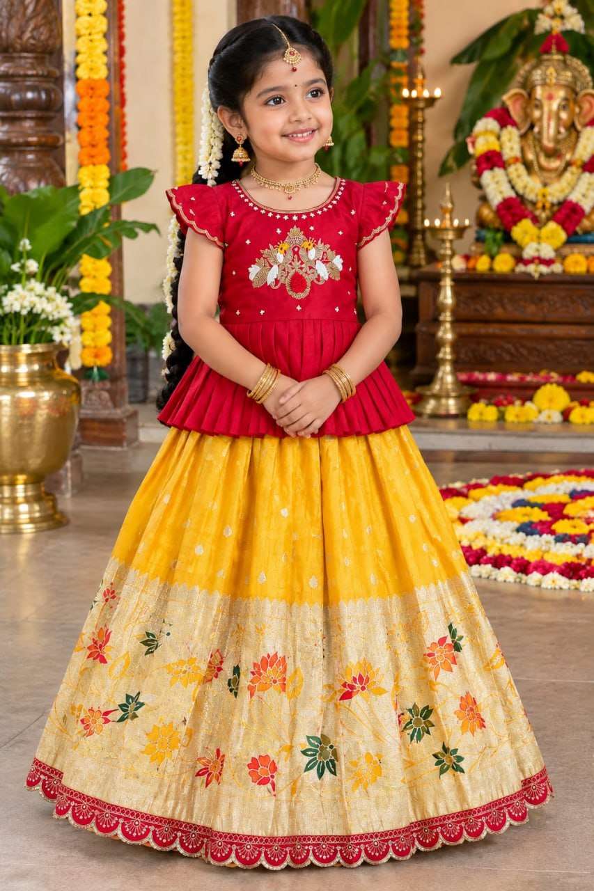 Kids wear Maroon & Golden Yellow Pure Viscose Tissue Silk Fabric kids wear Lehenga Choli wholesale in surat