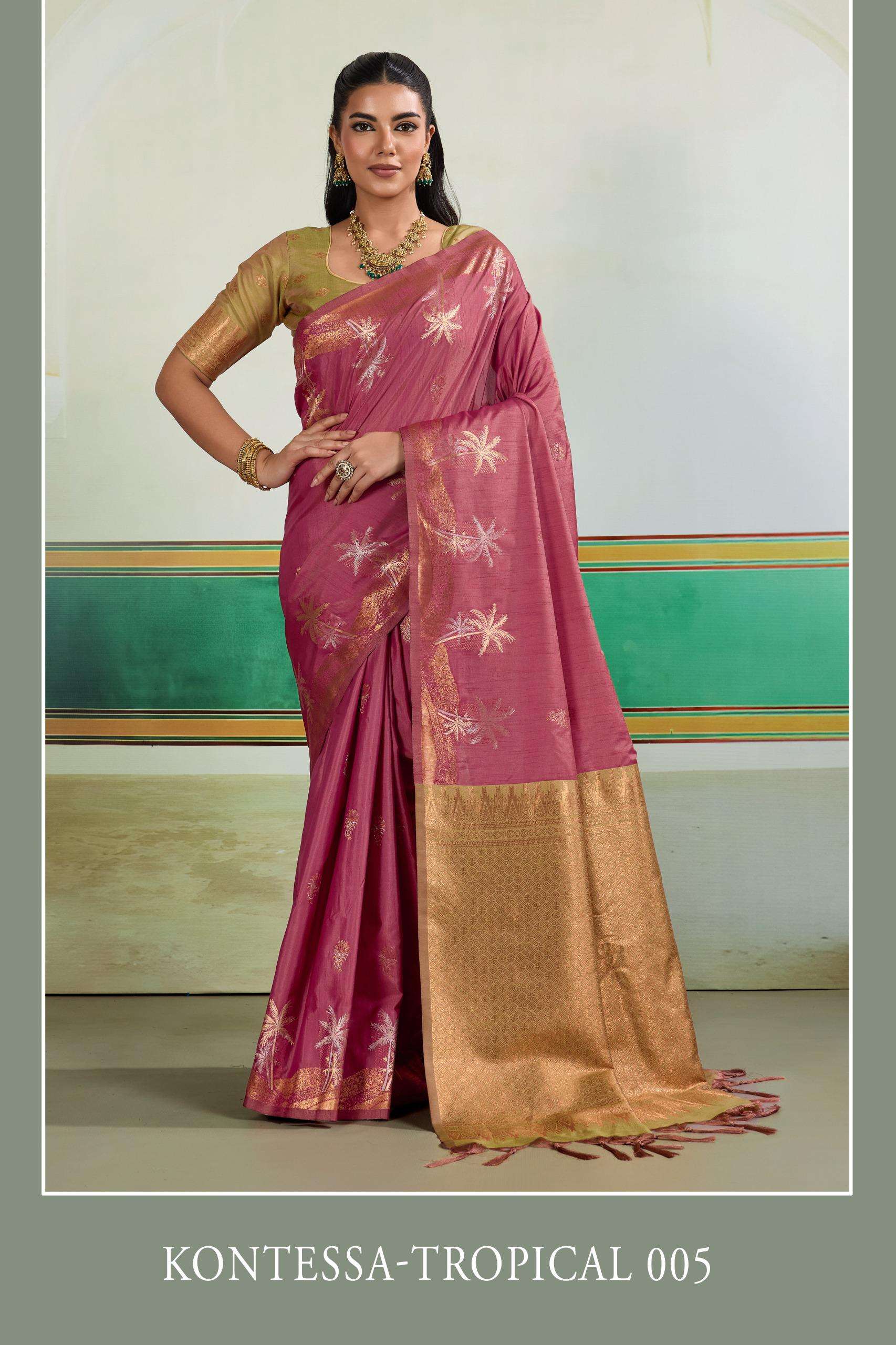 KONTESSA TROPICAL SOFT AND ELEGANT TUSSAR SILK FANCY FABRIC SAREE SUPPLIER IN SURAT