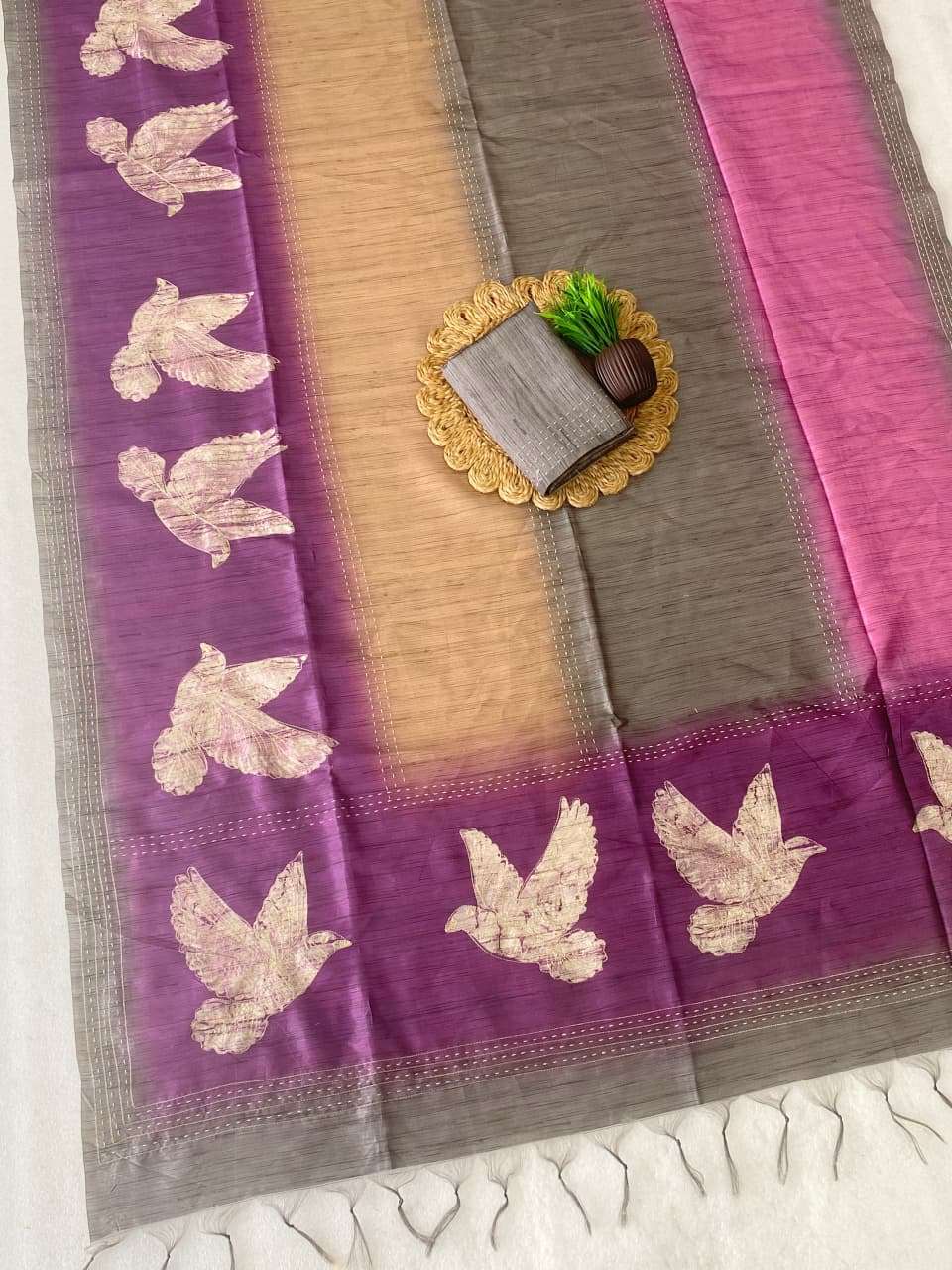  KRESHVA RUKSHAN P V TUSSAR KORA SILK FANCY FABRIC SAREE RESELLER IN SURAT