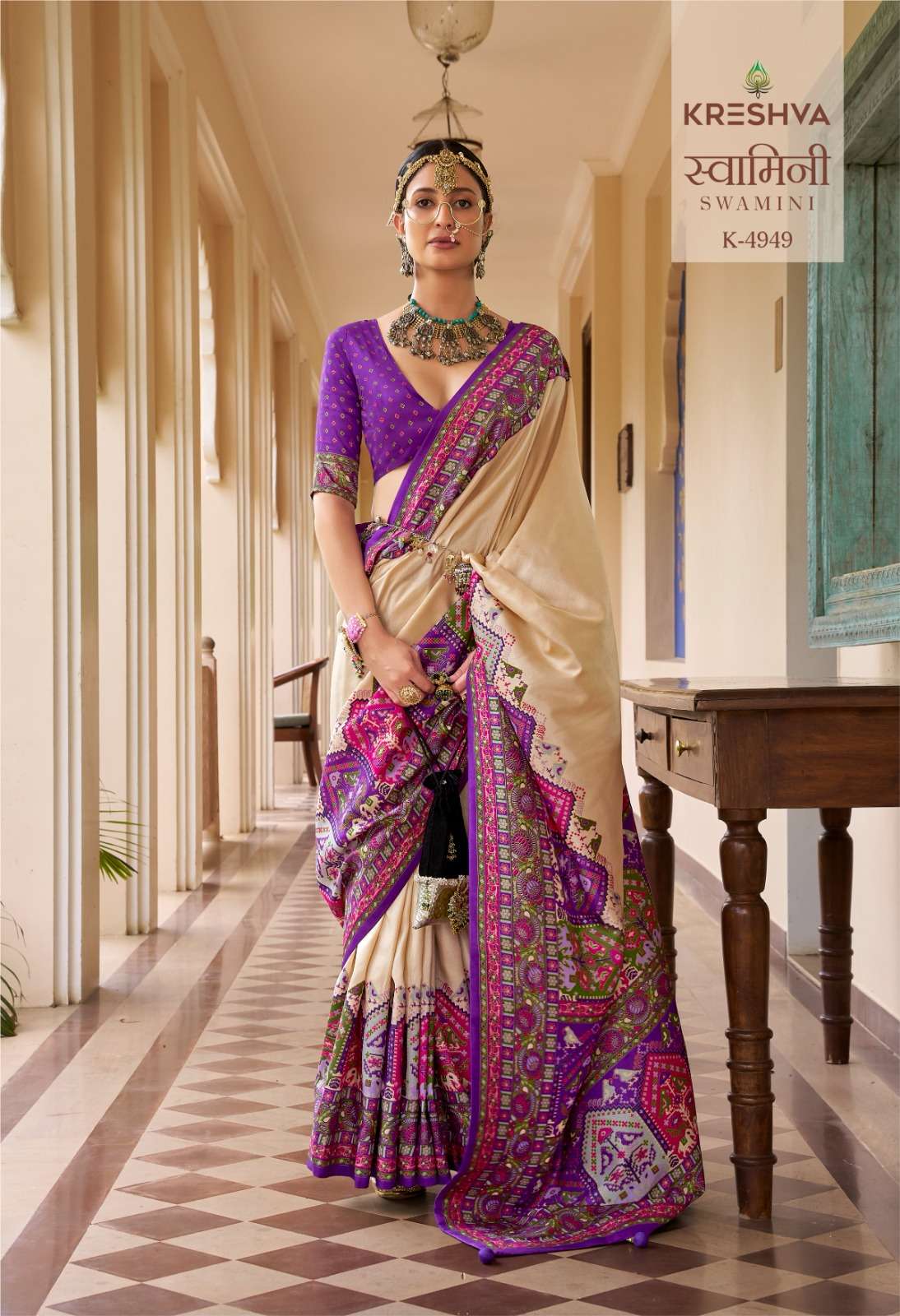 KRESHVA SWAMINI SIGMA SILK FABRIC WITH CLASSIC POSITION PRINT DESIGNER SAREE WHOLESALE IN SURAT