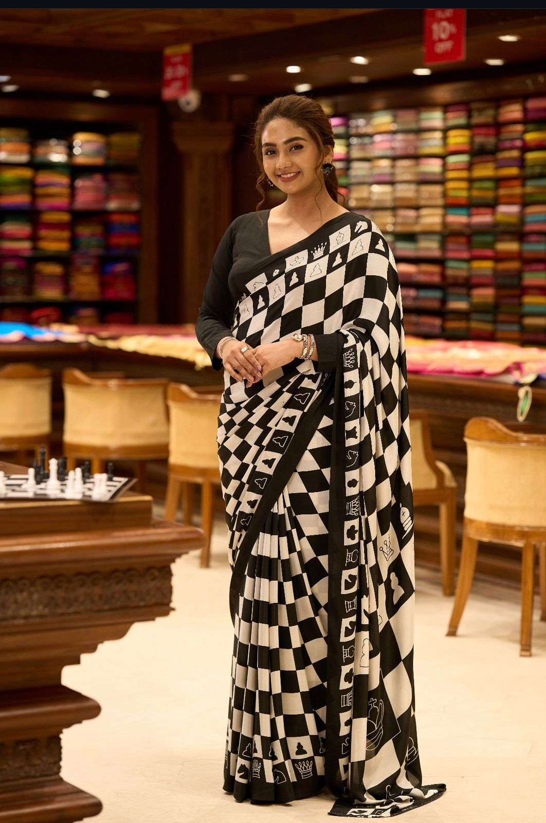 Launching Wonderful Chess Pure Crape Satin with Chess and Ajrak printed Sarees on saree best rate